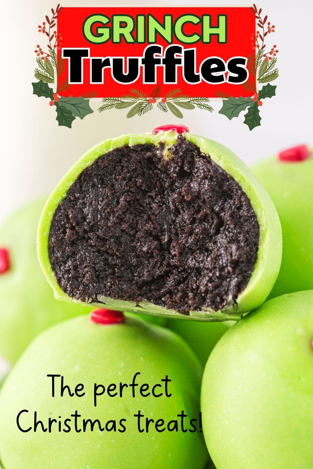 Green Grinch truffles made with crushed Oreos and red candy hearts