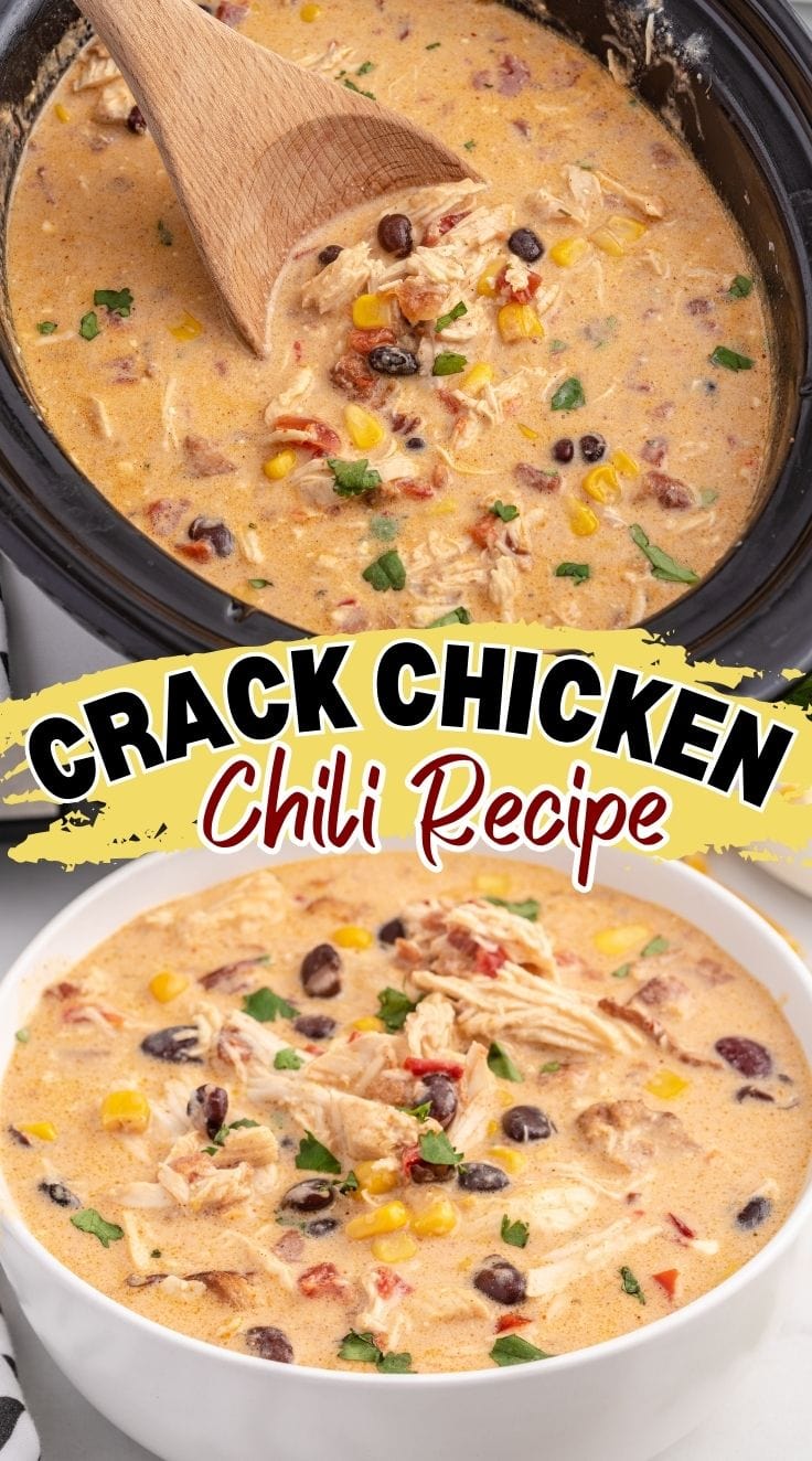 Hearty and creamy crack Chicken Chili served in a white bowl