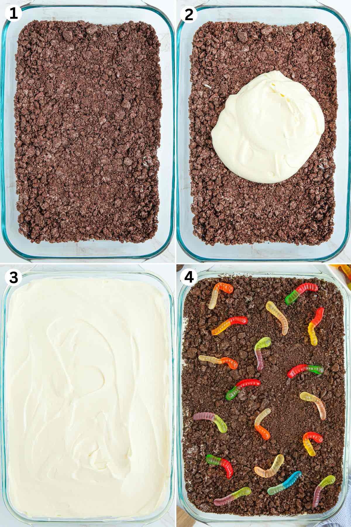 Layer crushed cookies, creamy pudding mixture, more cookies, and top with gummy worms.