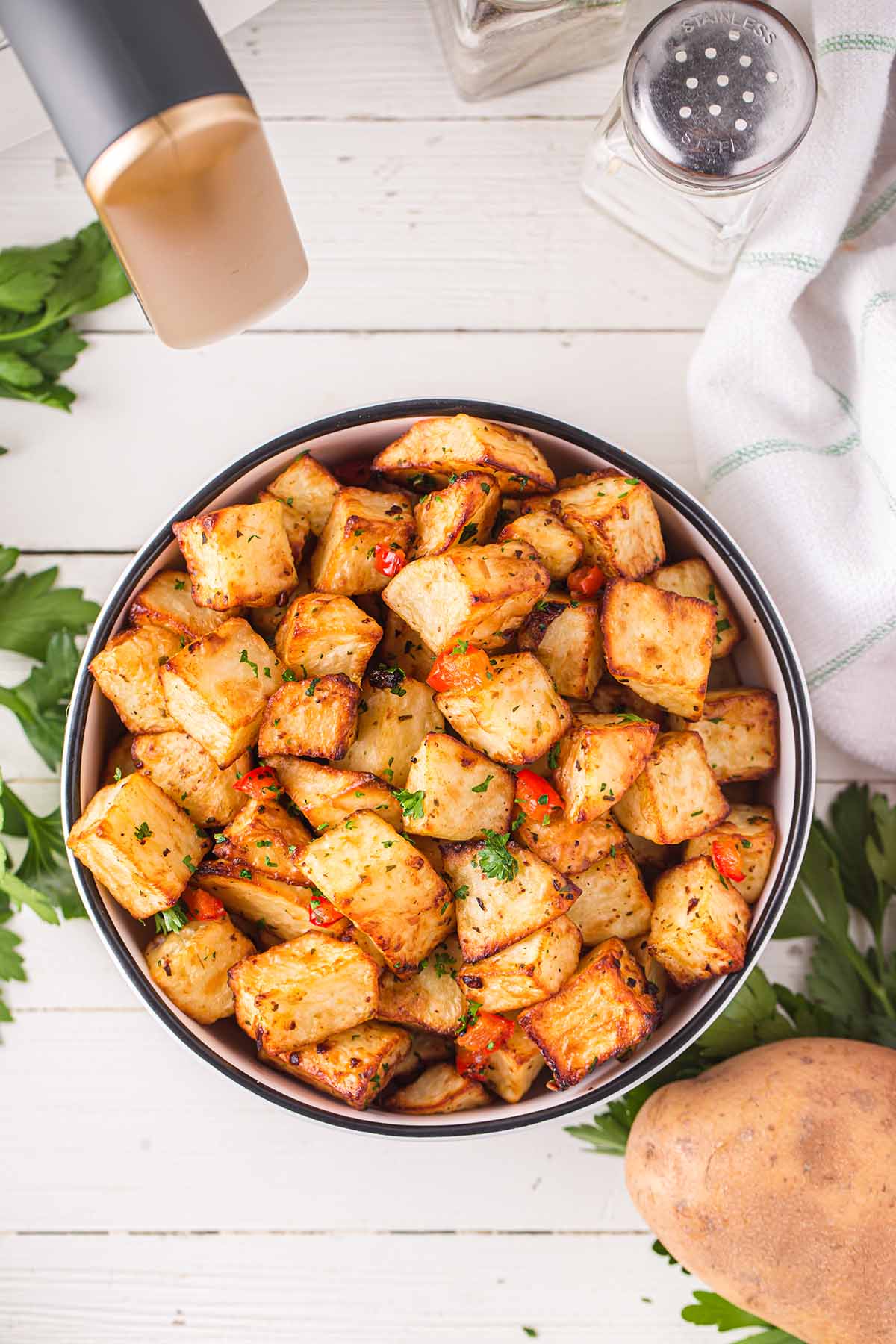 top shot of Air Fryer Home Fries in a bowl
