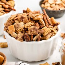 Churro Chex Mix in a white bowl.