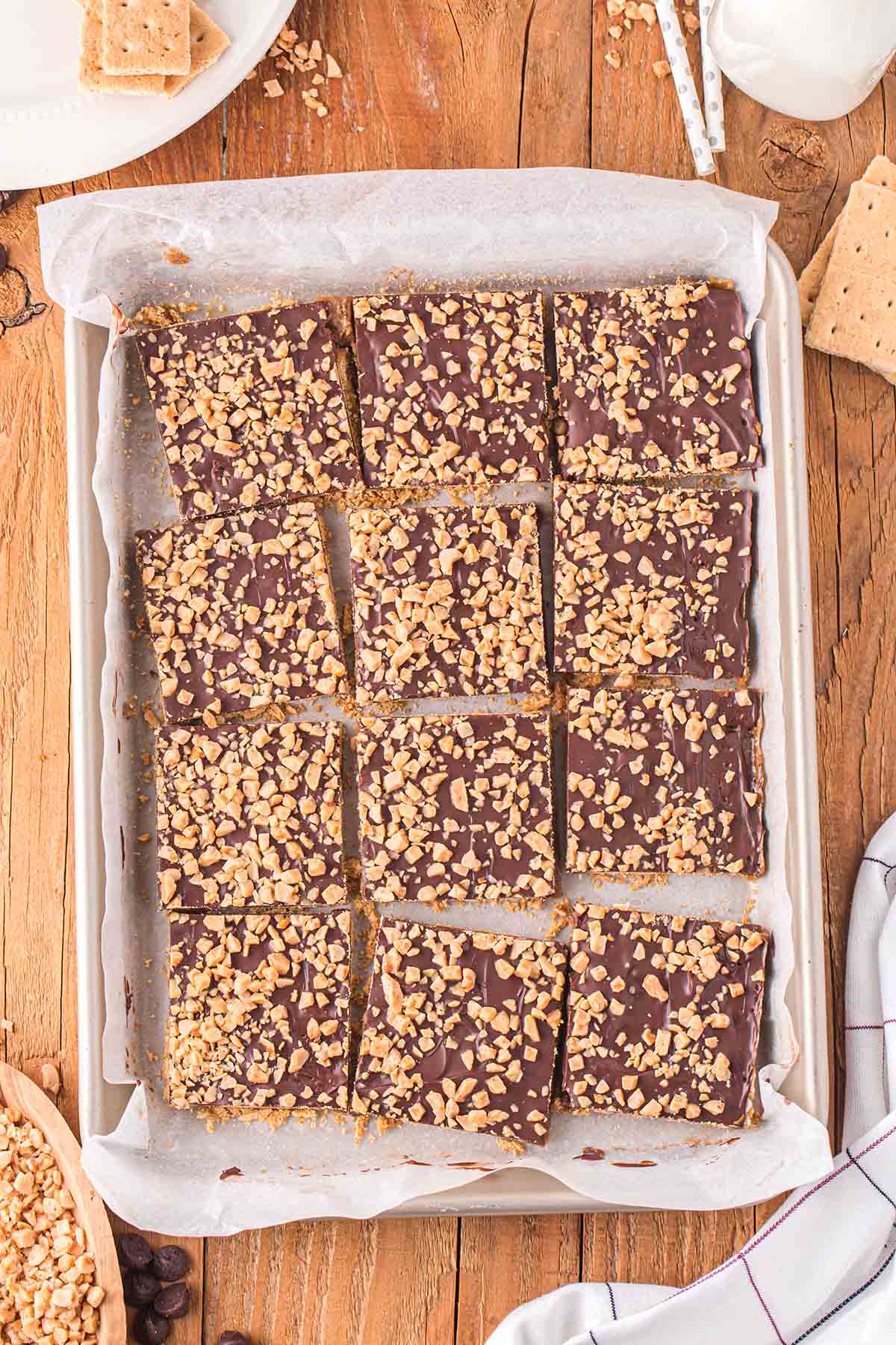 top shot of Graham Cracker Toffee Bars cut into squares