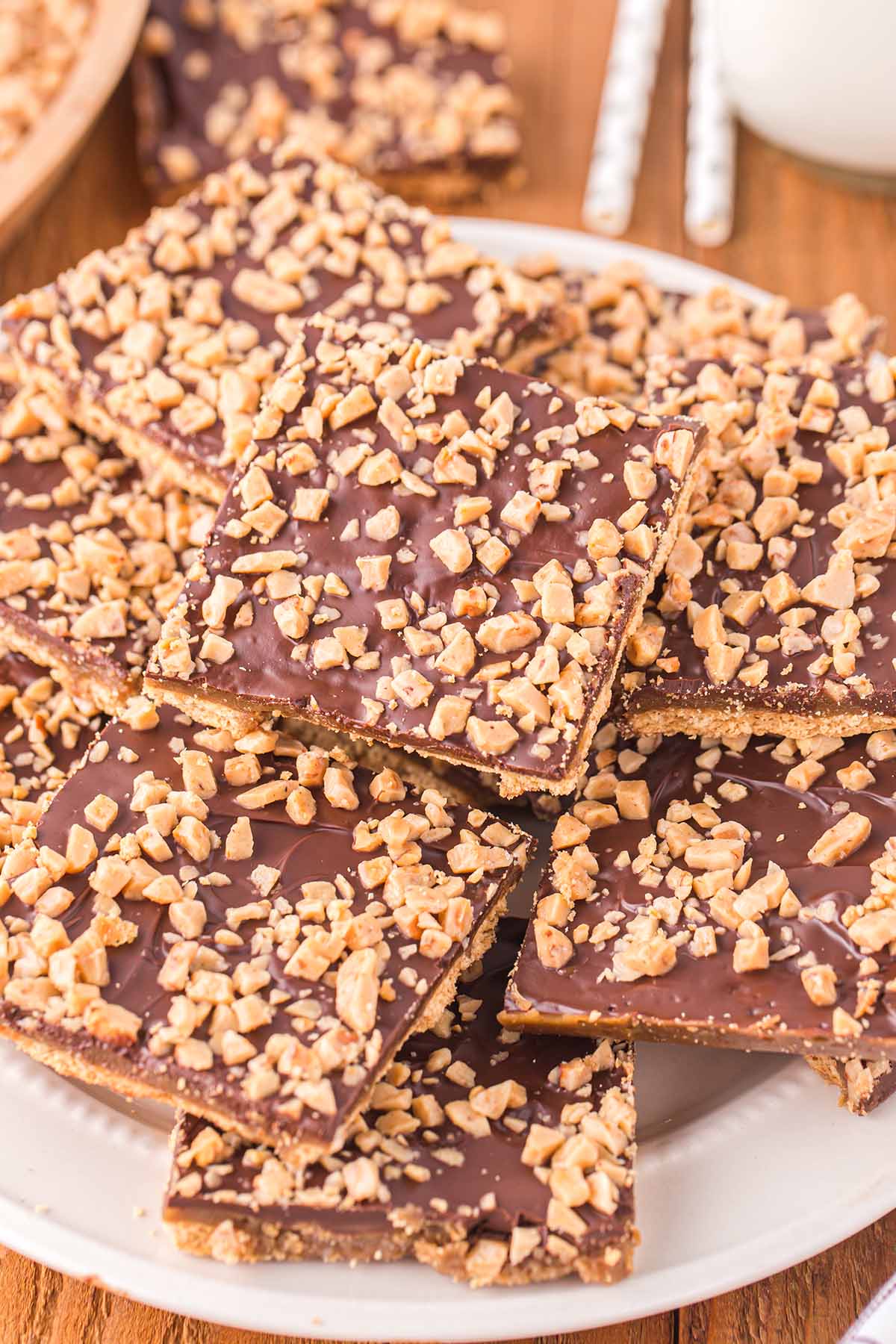 Graham Cracker Toffee Bars on the plate with toppings