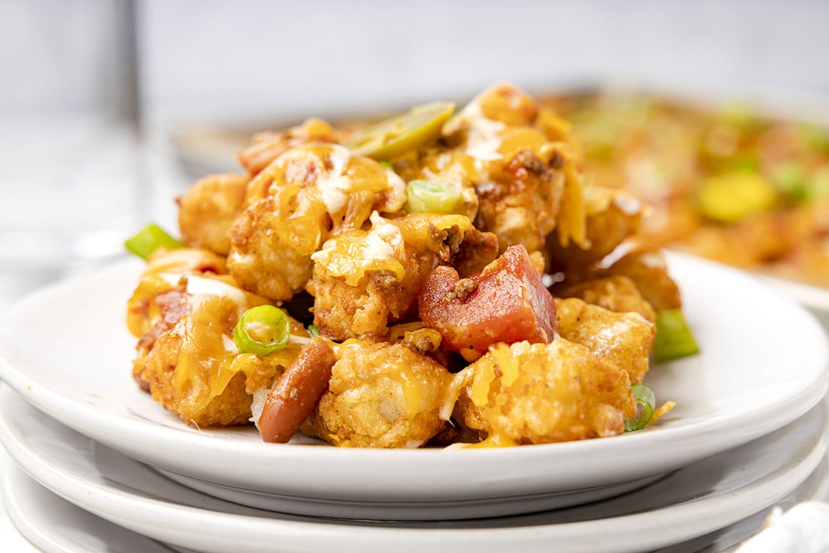 Loaded Tater Tots on a plate