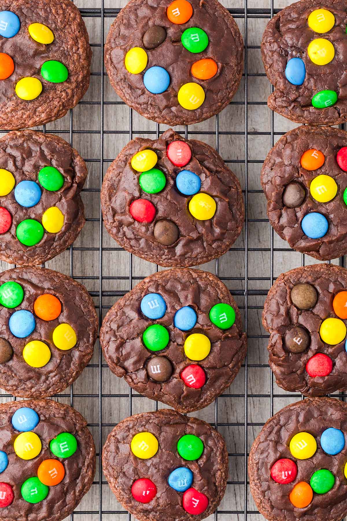 M&M Brownie Mix Cookies on a cooling rack