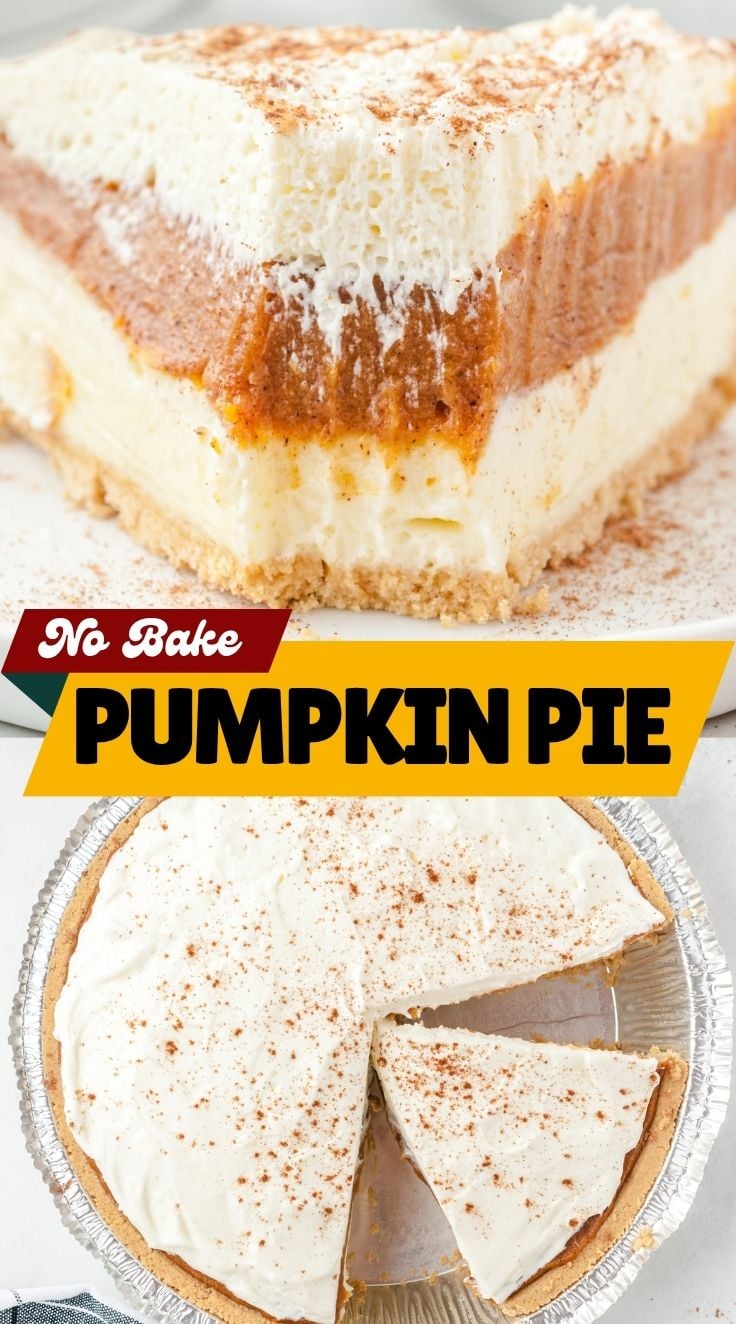 No Bake Pumpkin Pie in a foil pan with a few slices missing