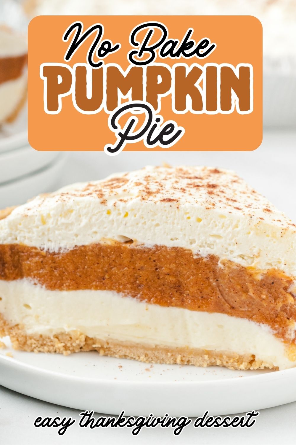Close up of a slice of No Bake Pumpkin Pie, showing the creamy texture