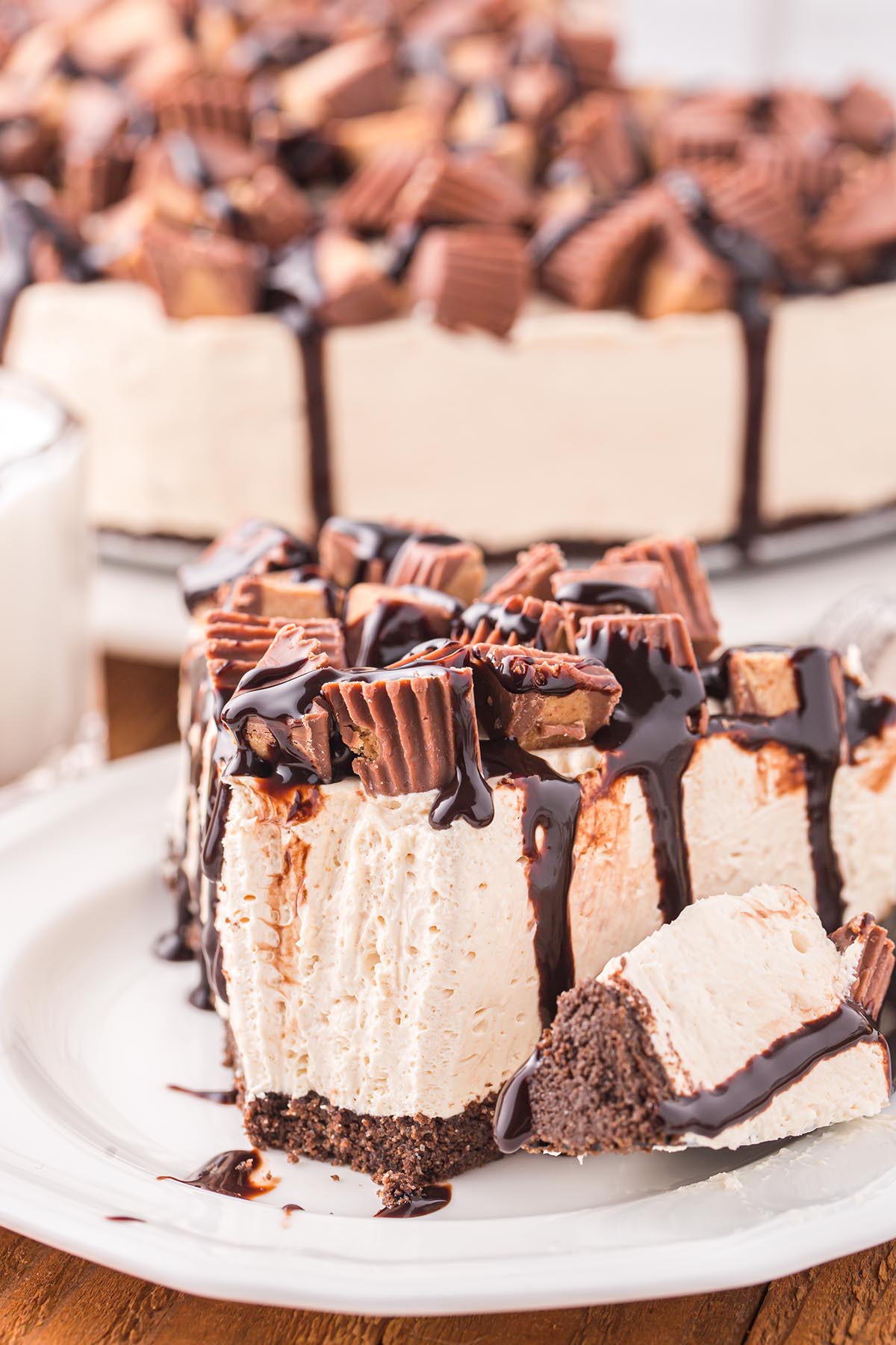 one slice of Reese's No Bake Cheesecake on the plate