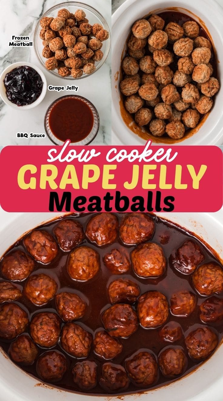 Slow Cooker grape jelly meatballs inside a slow cooker