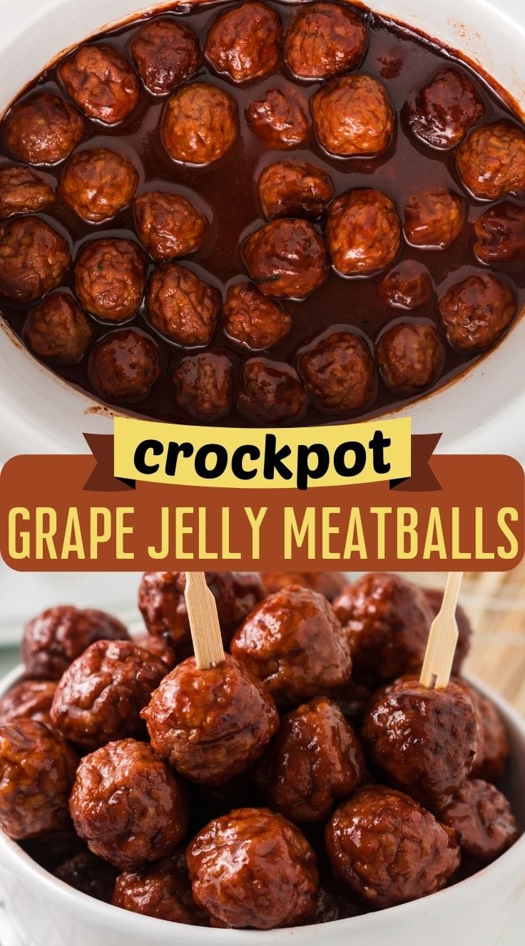 A pile of Slow Cooker grape jelly meatballs served with skewers in a bowl