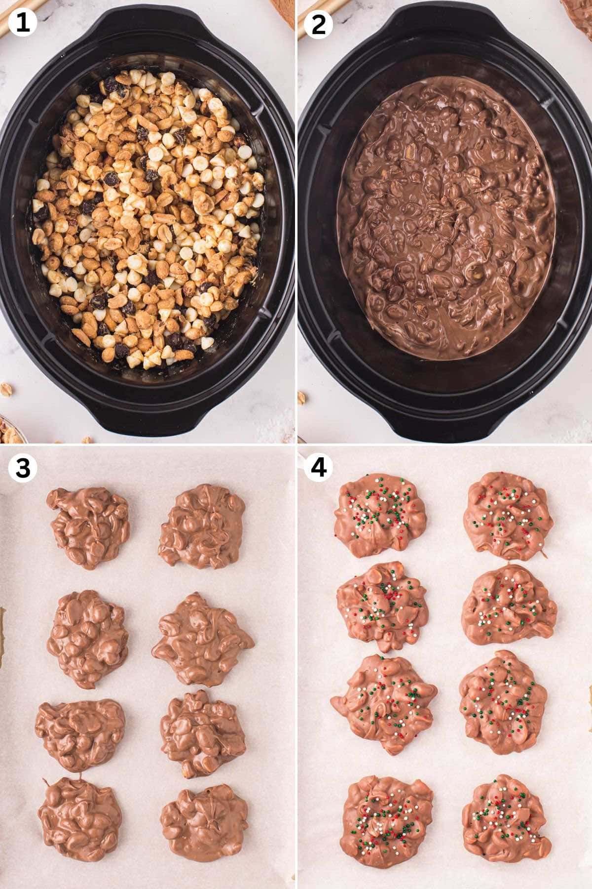 place all ingredients in crockpot and cook. place a spoonful of candy on top parchment paper. top with sprinkles. 