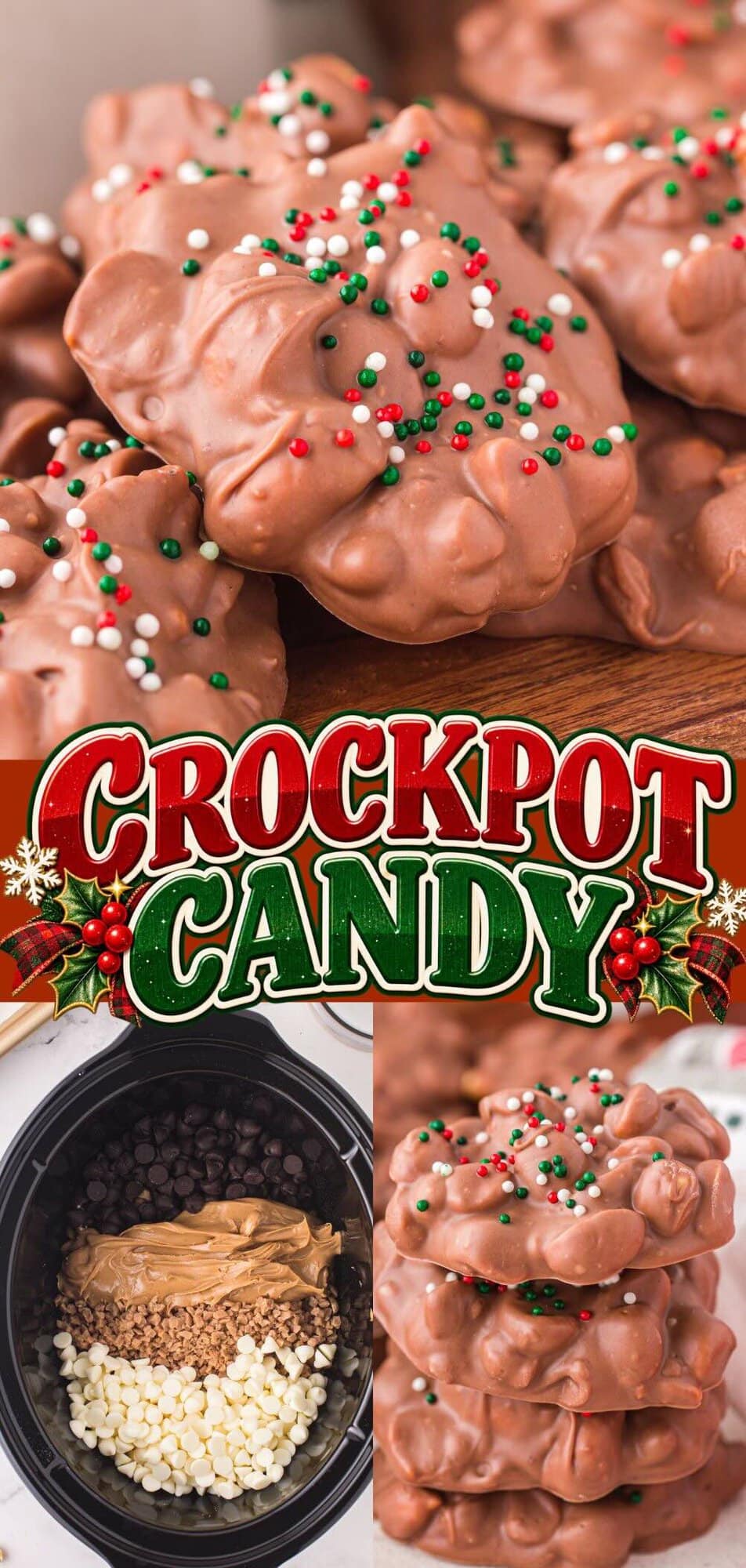 Pinterest graphic for crockpot candy, showing peanut clusters above, unmelted ingredients in a slow cooker, and a stack of clusters below.