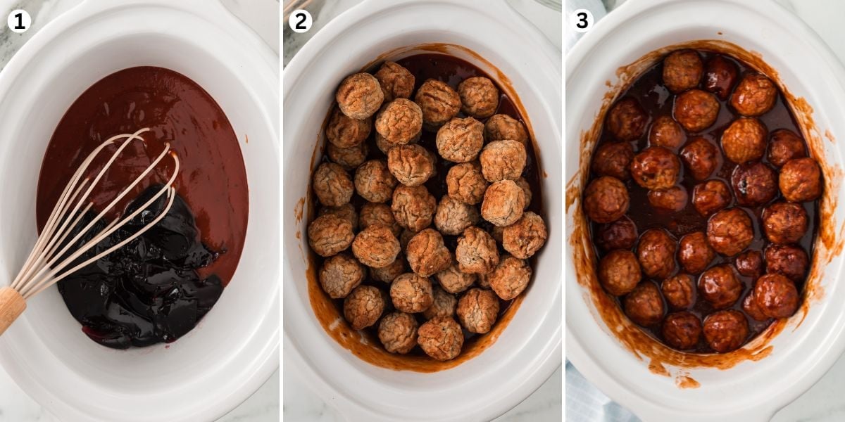 grape jelly meatballs making steps collage: mixing sauce in the crockpot, adding the meatballs, let them cook and grape jelly meatballs ready to be served