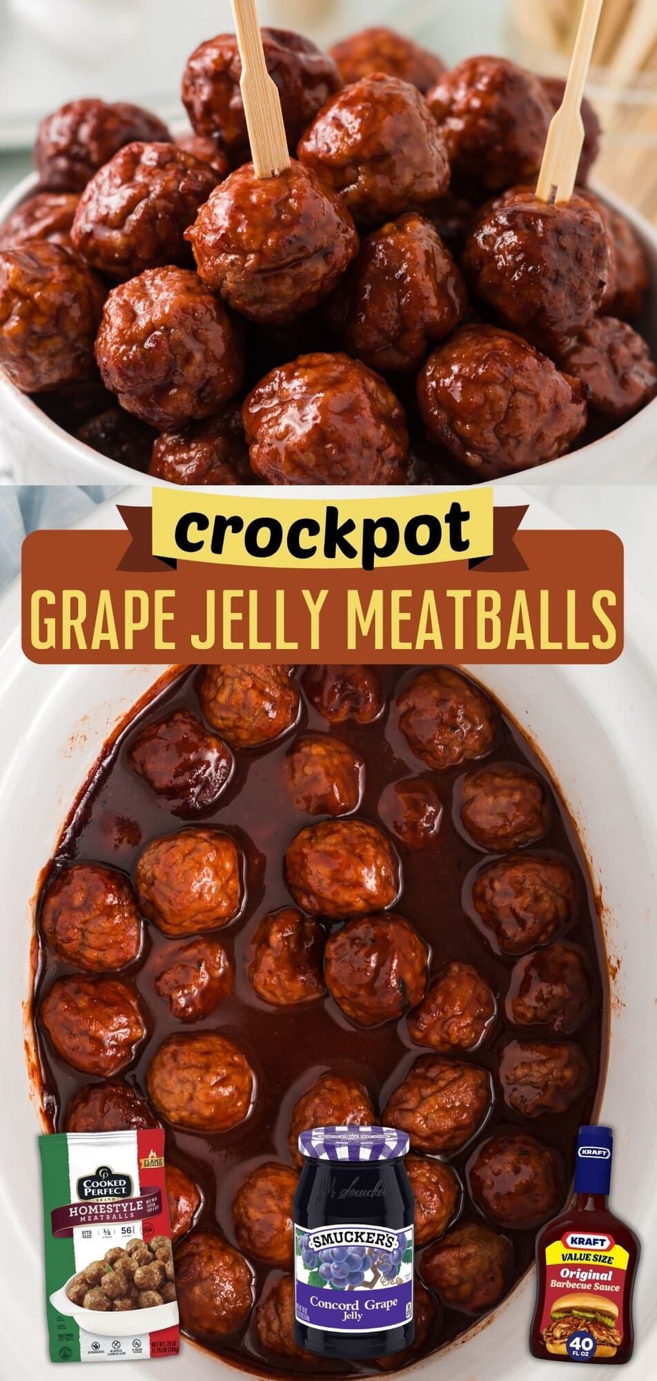 glazed meatballs with toothpicks in a white bowl, and a crockpot view showing the ingredients used.