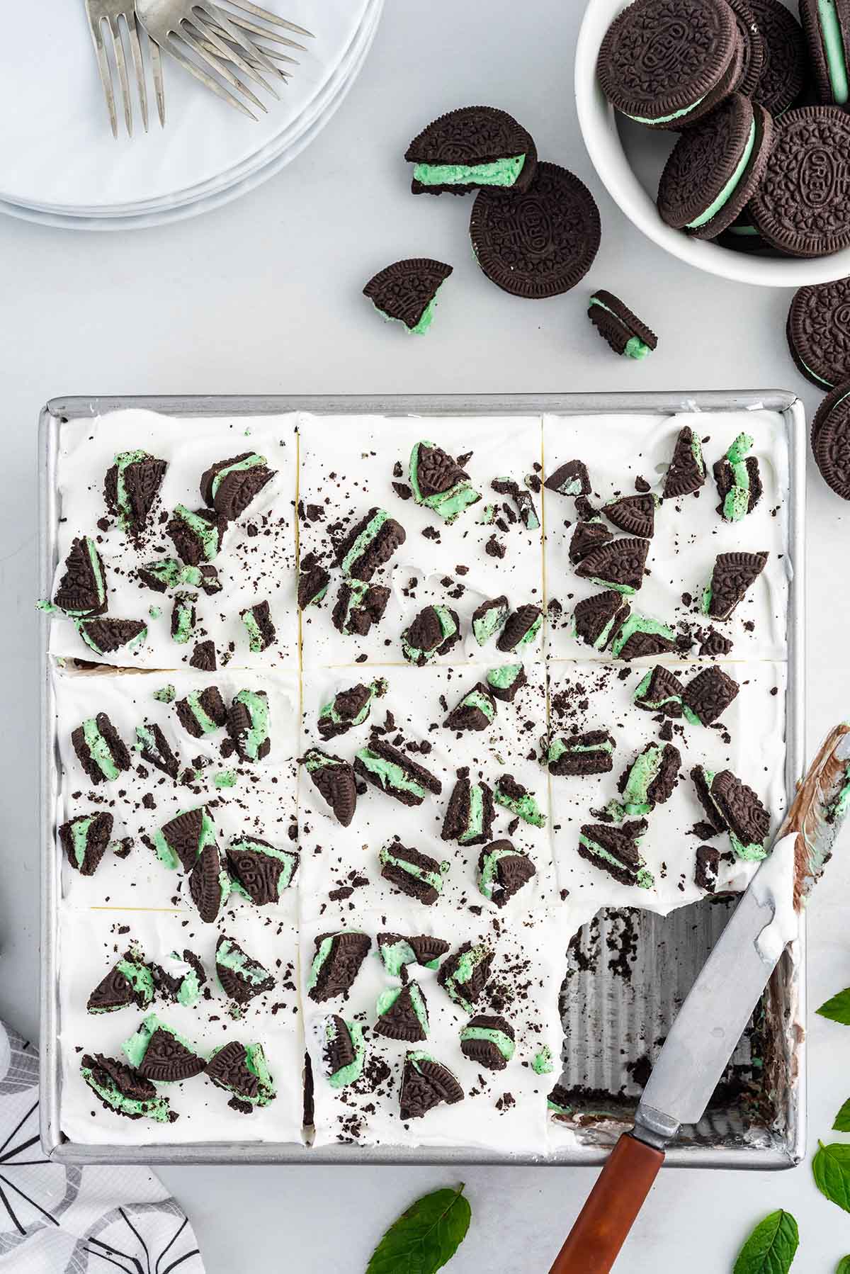 top view of mint oreo dessert with oreo crumbs on top