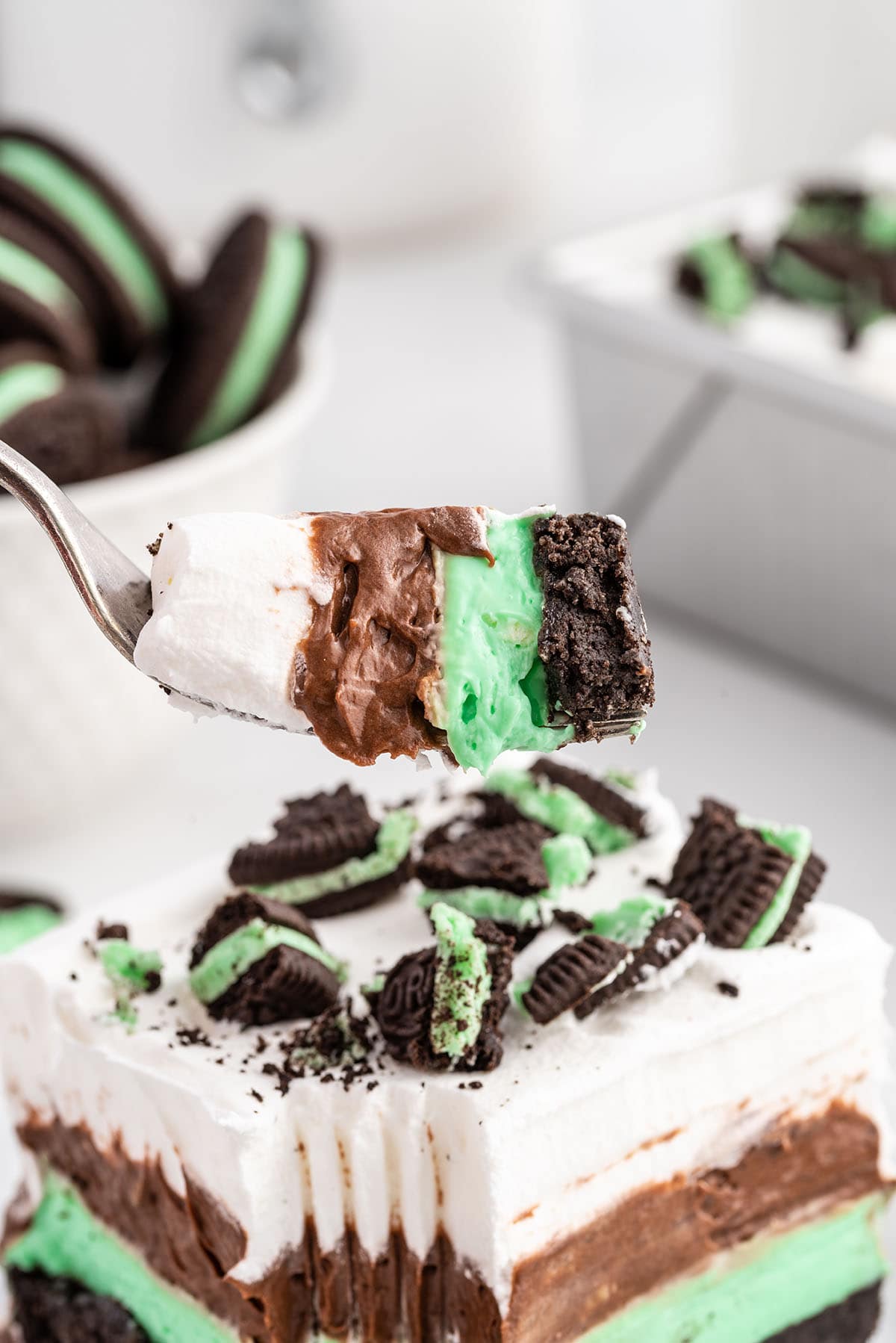 eating Mint Chocolate Lasagna using a fork
