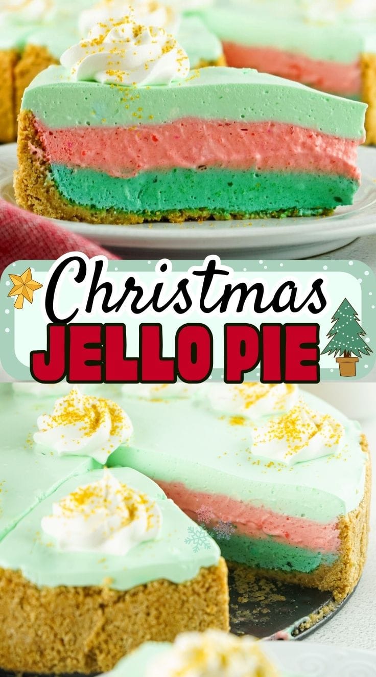 Festive Christmas Jello Pie with colorful layered Jello filling in a pie crust, served as a bright holiday dessert.