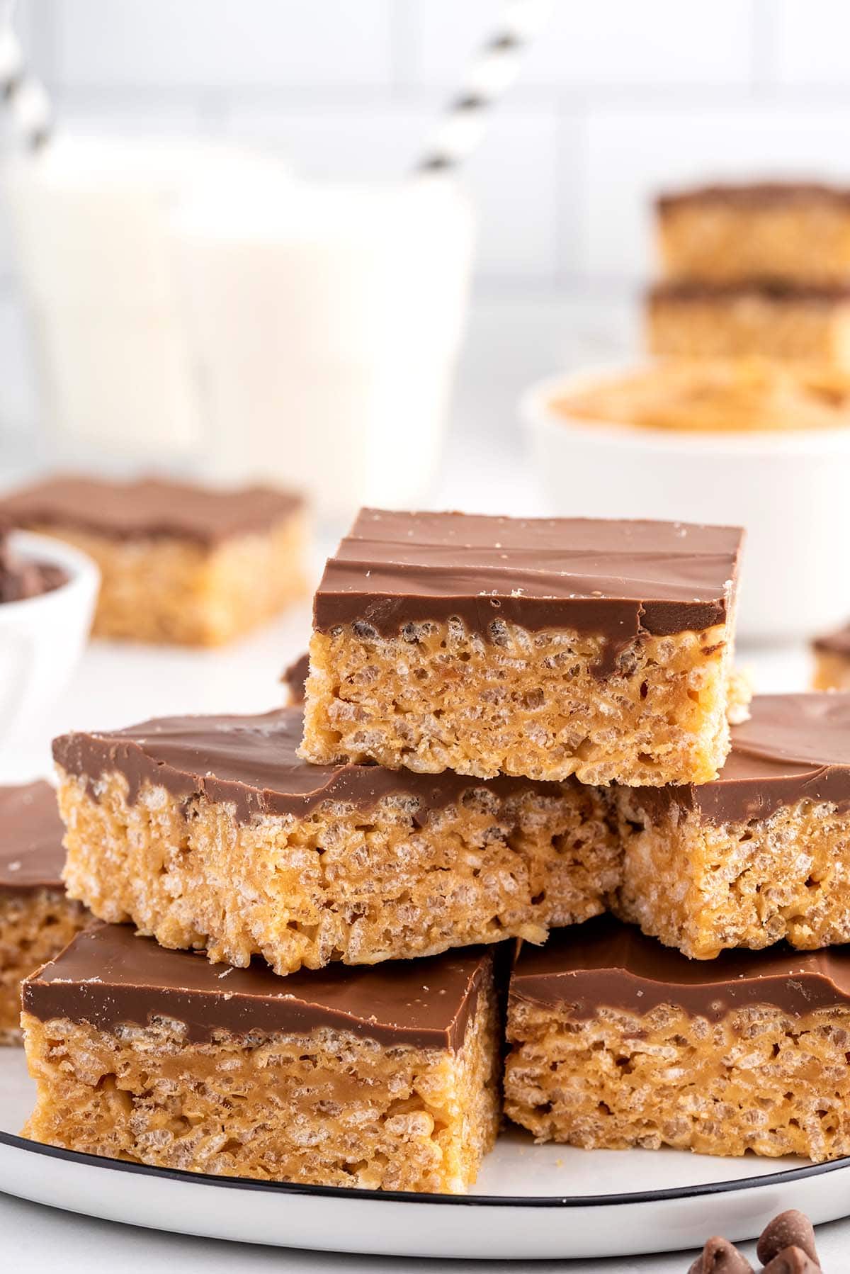 Peanut Butter Rice Krispie Treats stacked up