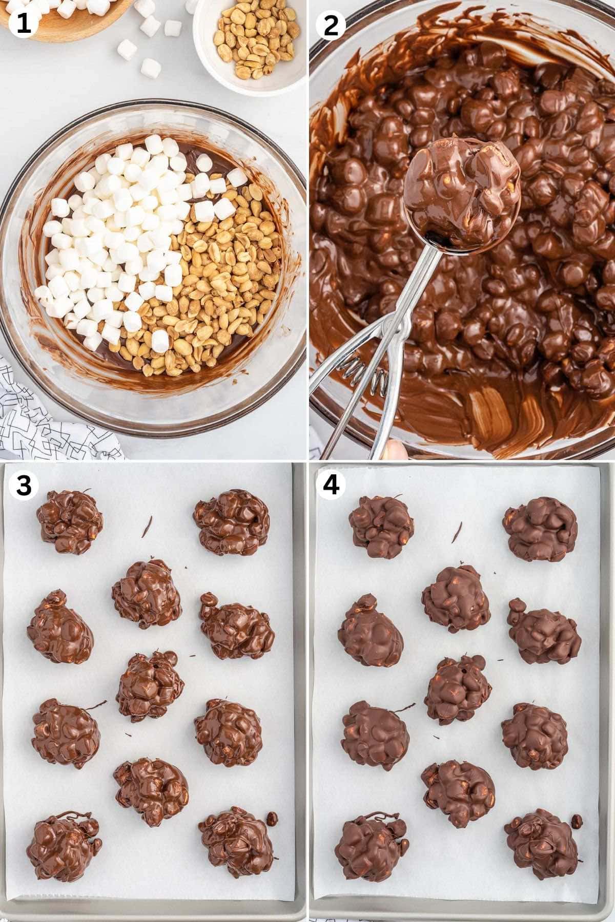 melt chocolate, mix with marshmallows and peanuts, scoop onto a baking sheet, and chill until set.