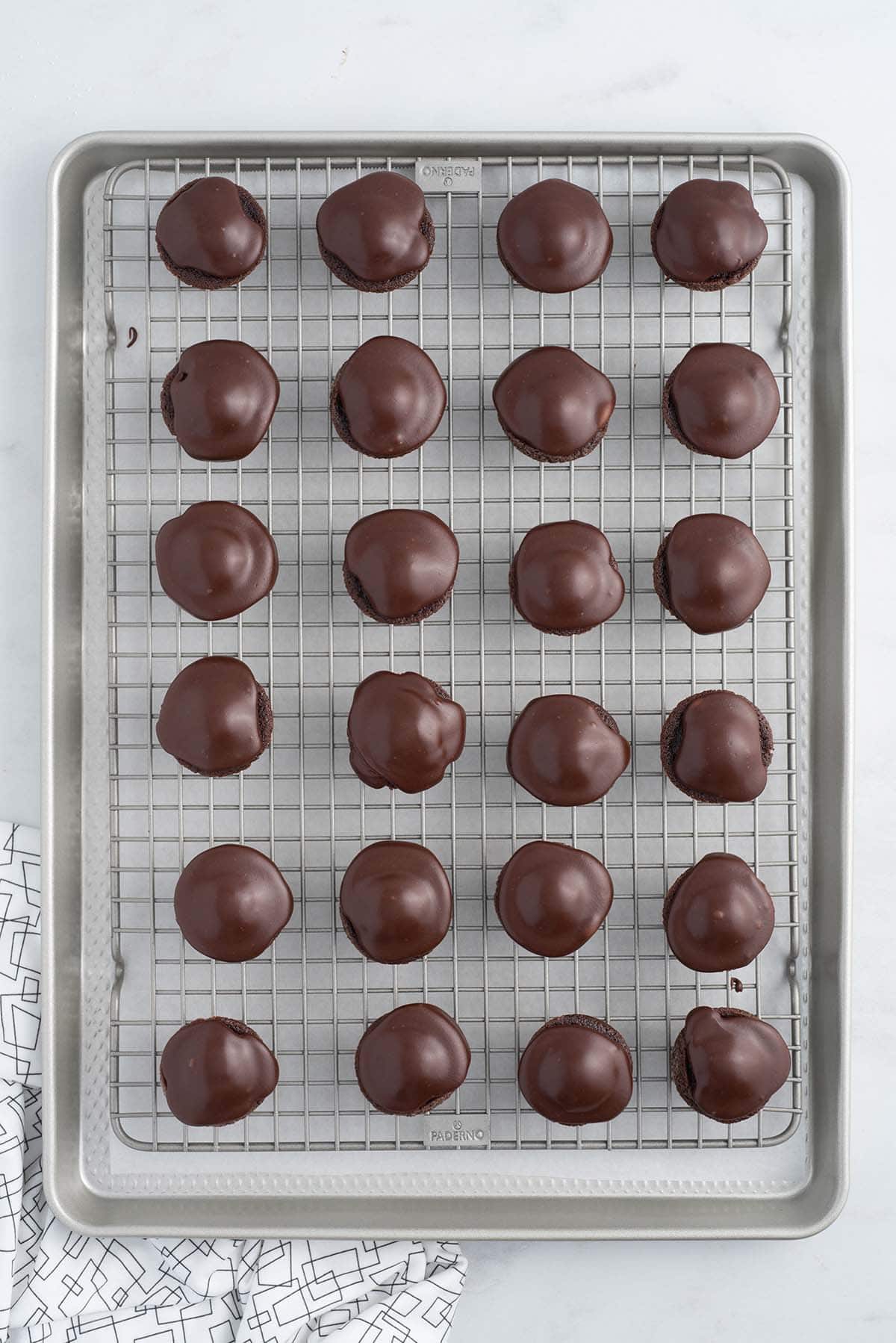 top shot of Texas Sheet Cake Bites on the cooling tray