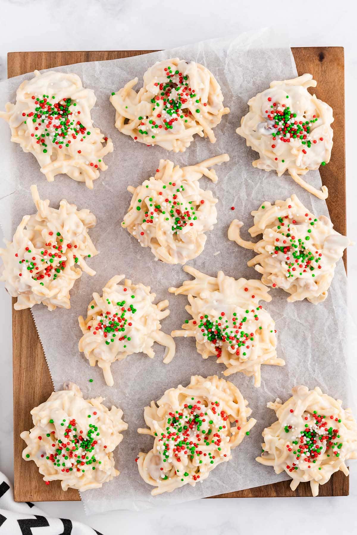 White Chocolate Haystacks over the parchment paper