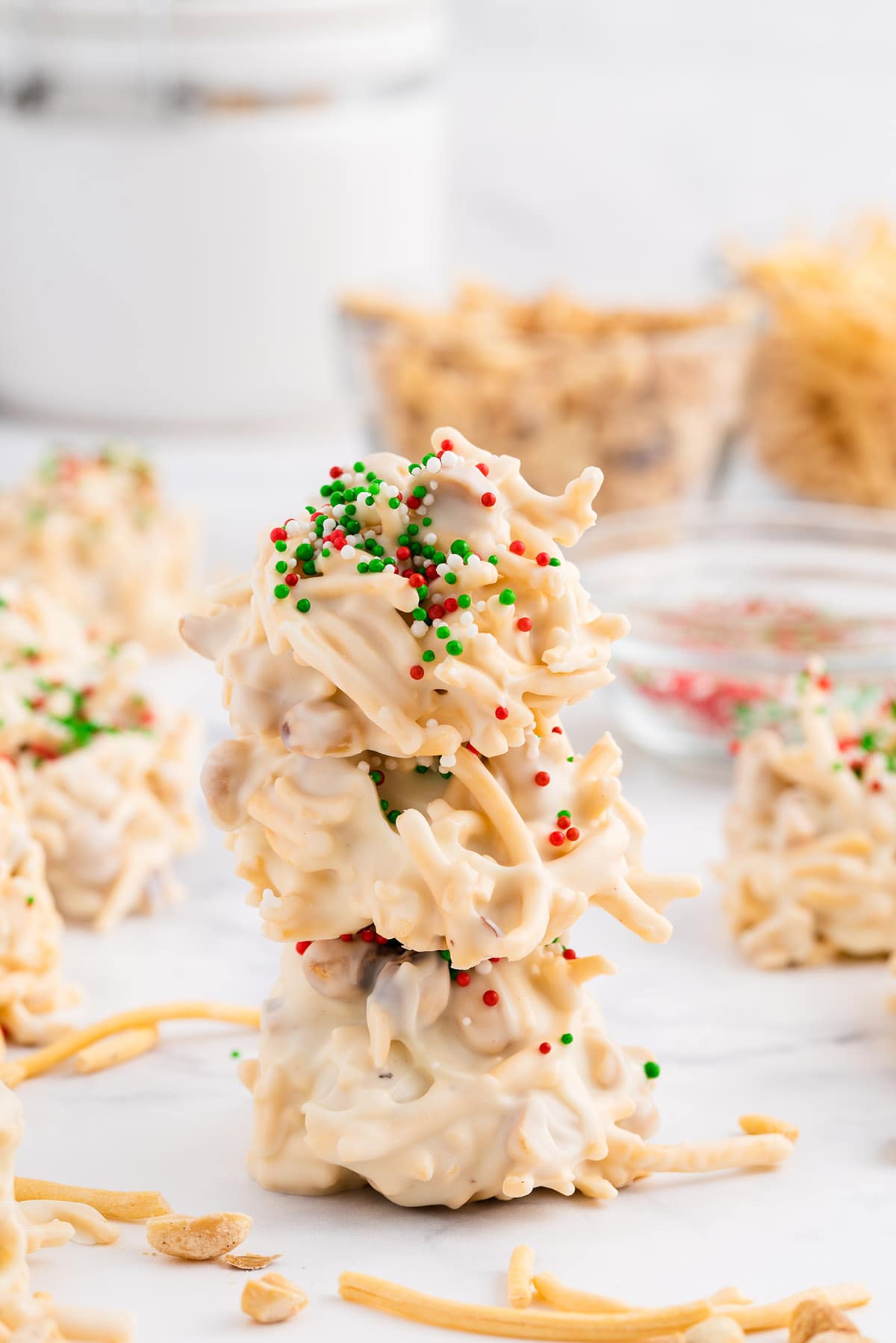 stacked up White Chocolate Haystacks