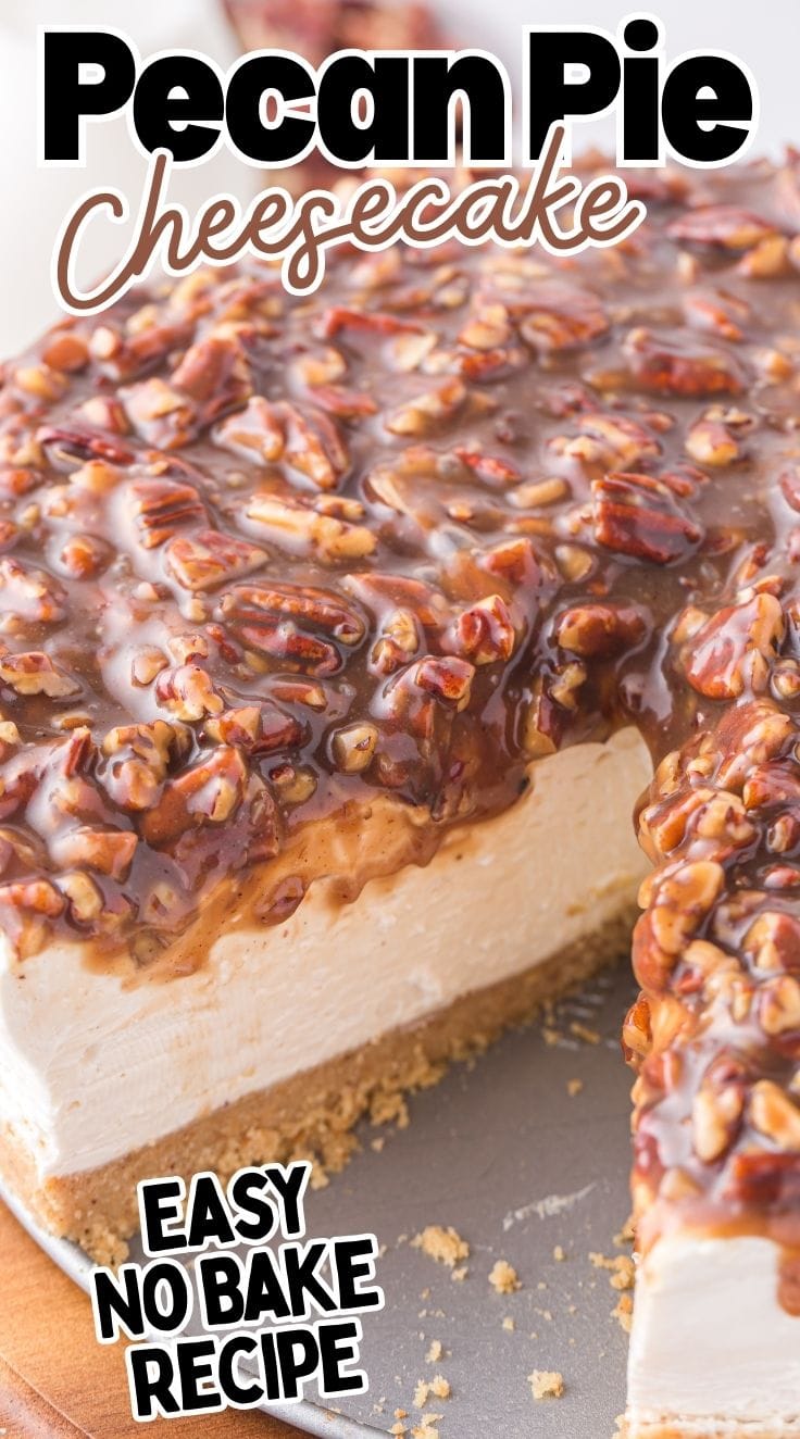 Close up of whole pecan pie cheesecake with one slice missing