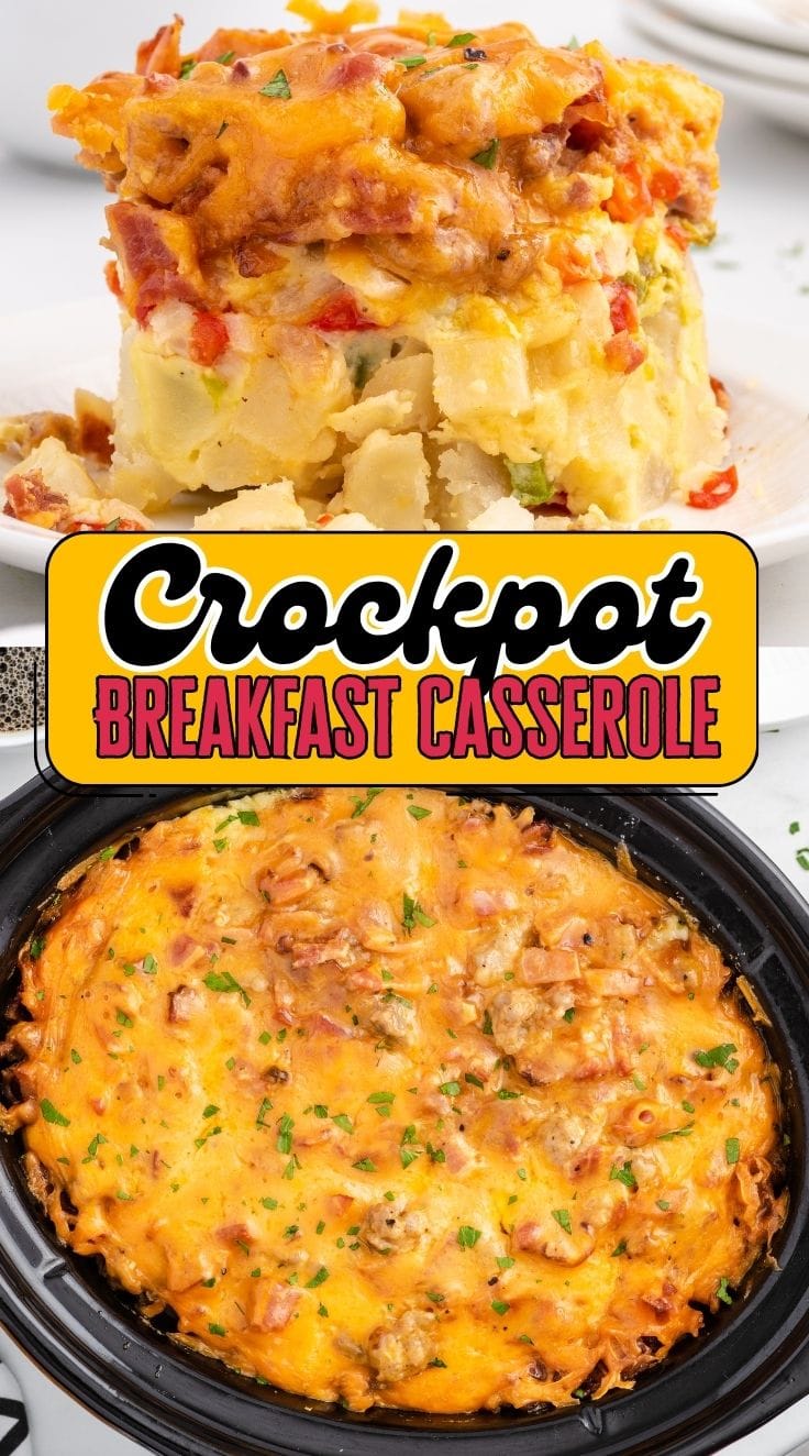 A crockpot filled with golden, fluffy breakfast casserole made with eggs, cheese, and hash browns served on a white plate