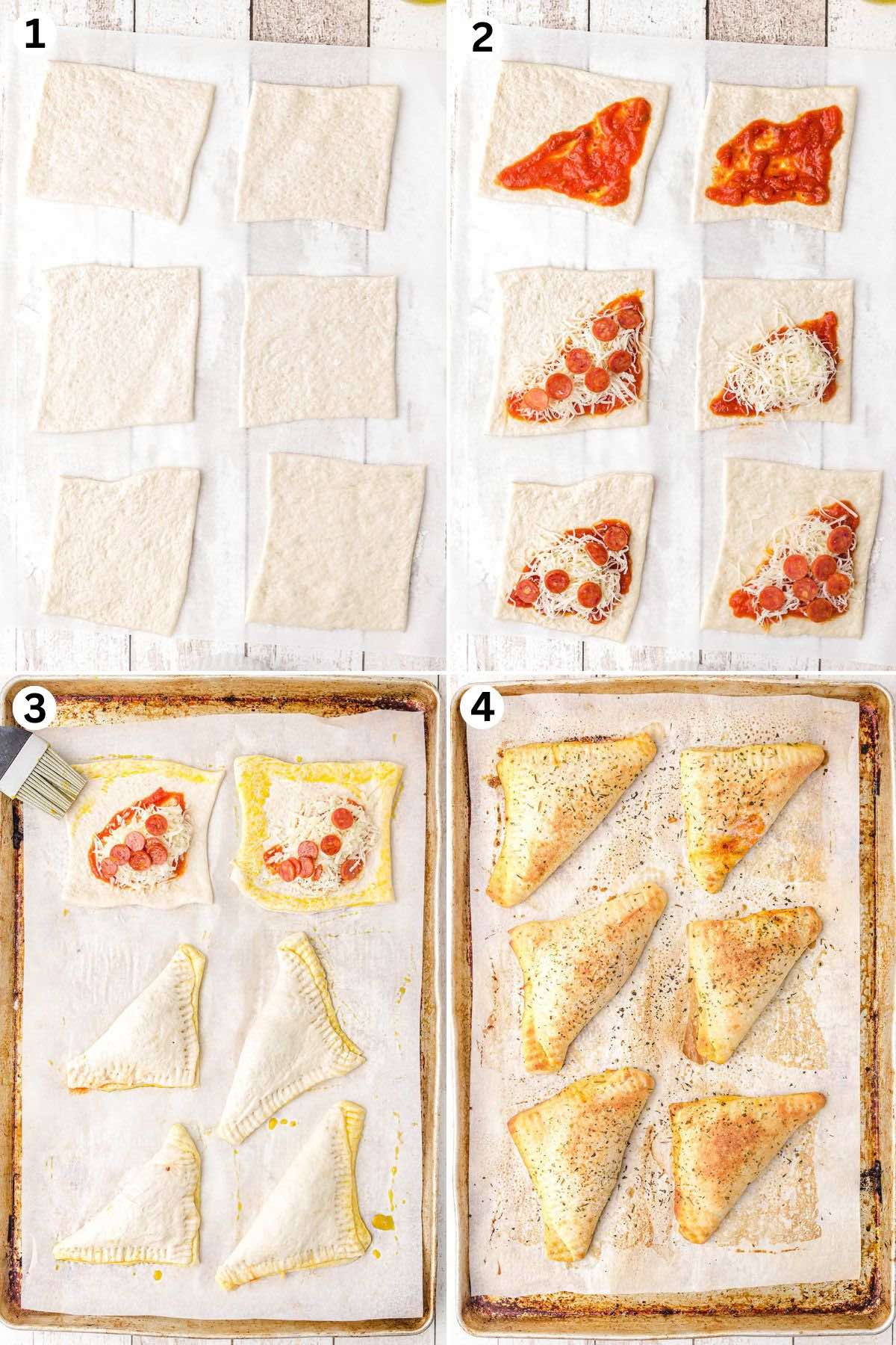 Cut the dough. Spread pizza sauce onto the dough, sprinkle with mozzarella and top with pepperoni slices. Fold the dough. Brush olive oil over the tops of the pizzas and sprinkle Italian seasoning on top.