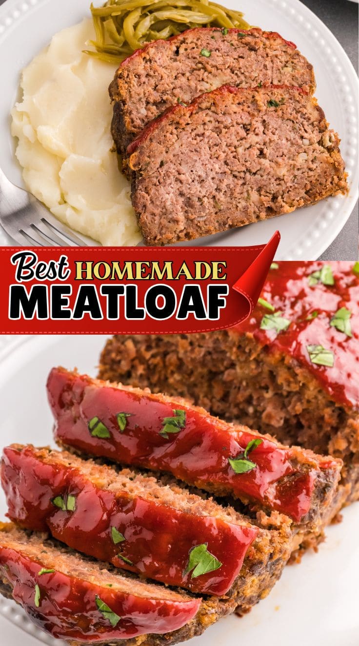 2 slices of Meatloaf served with mashed potatoes on a plate.