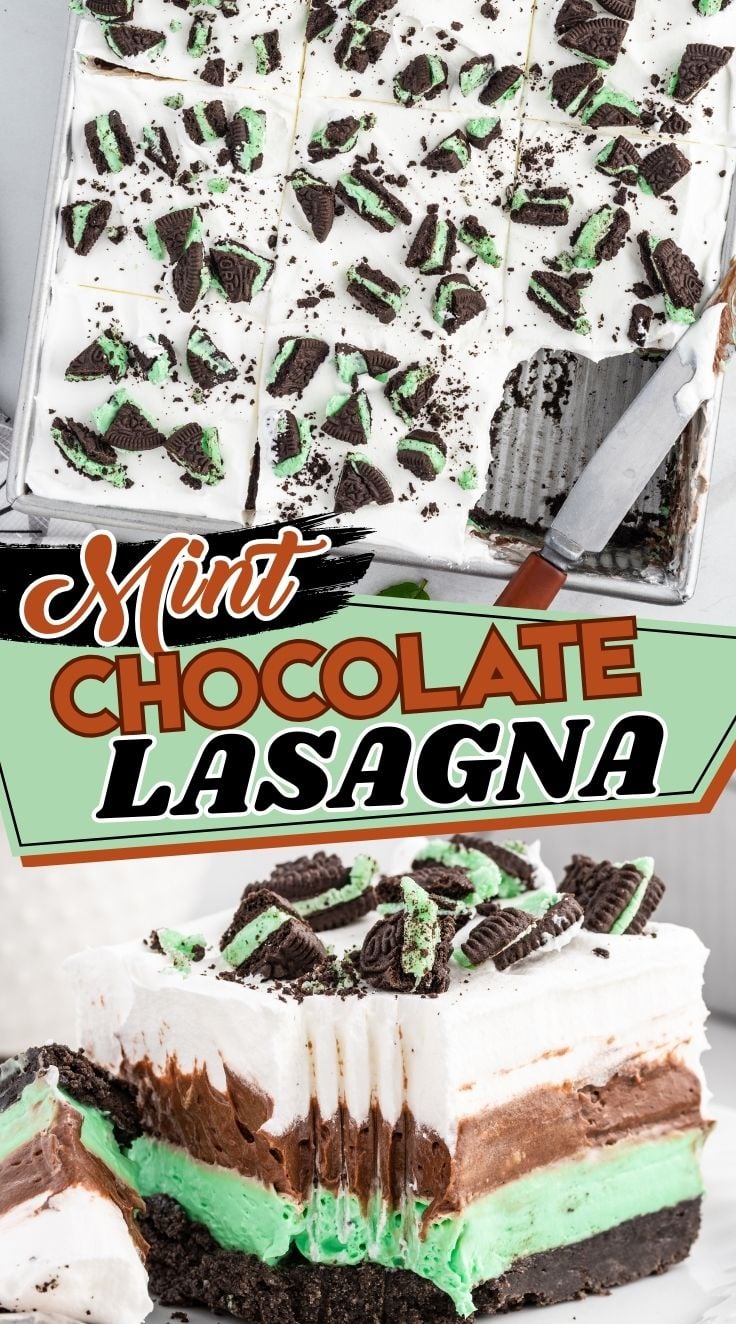 Mint chocolate lasagna dessert with layered mint and chocolate pudding topped with chocolate cookie crumbs.
