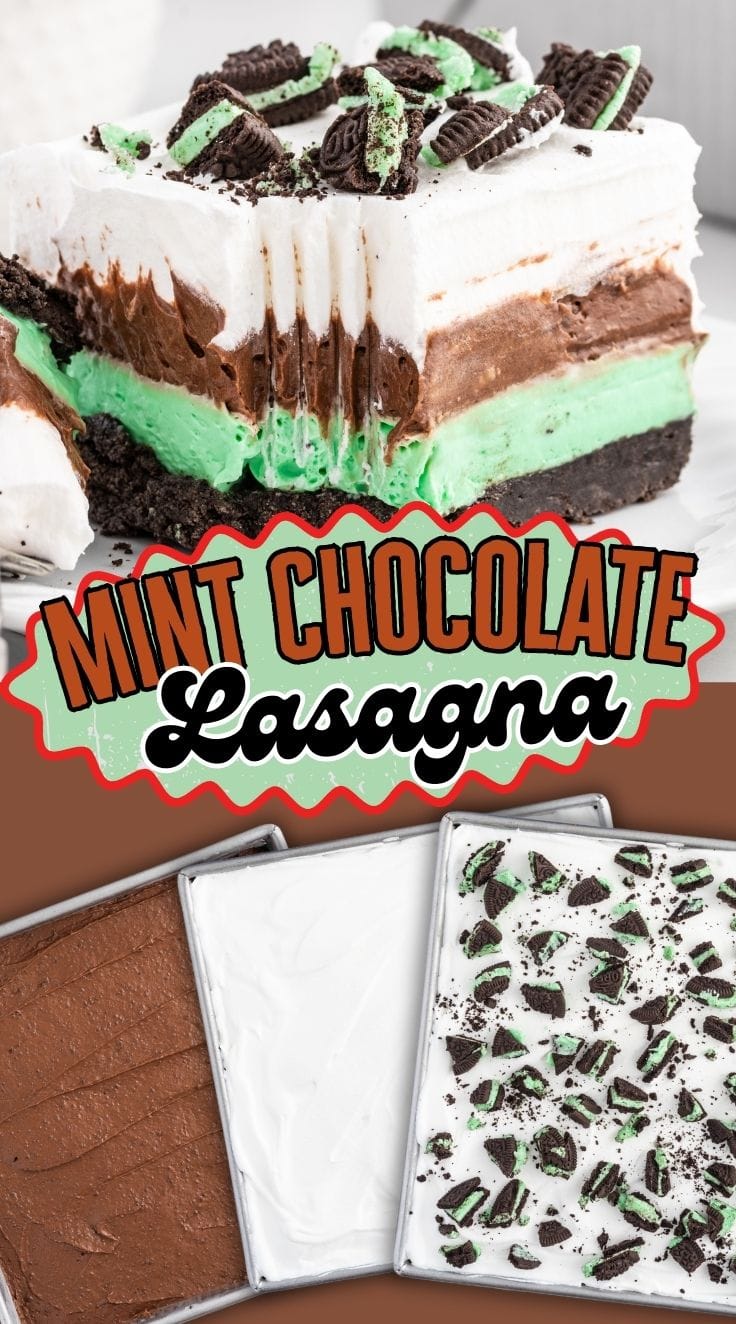 Square sliced mint chocolate lasagna dessert with layered mint and chocolate pudding topped with chocolate cookie crumbs.