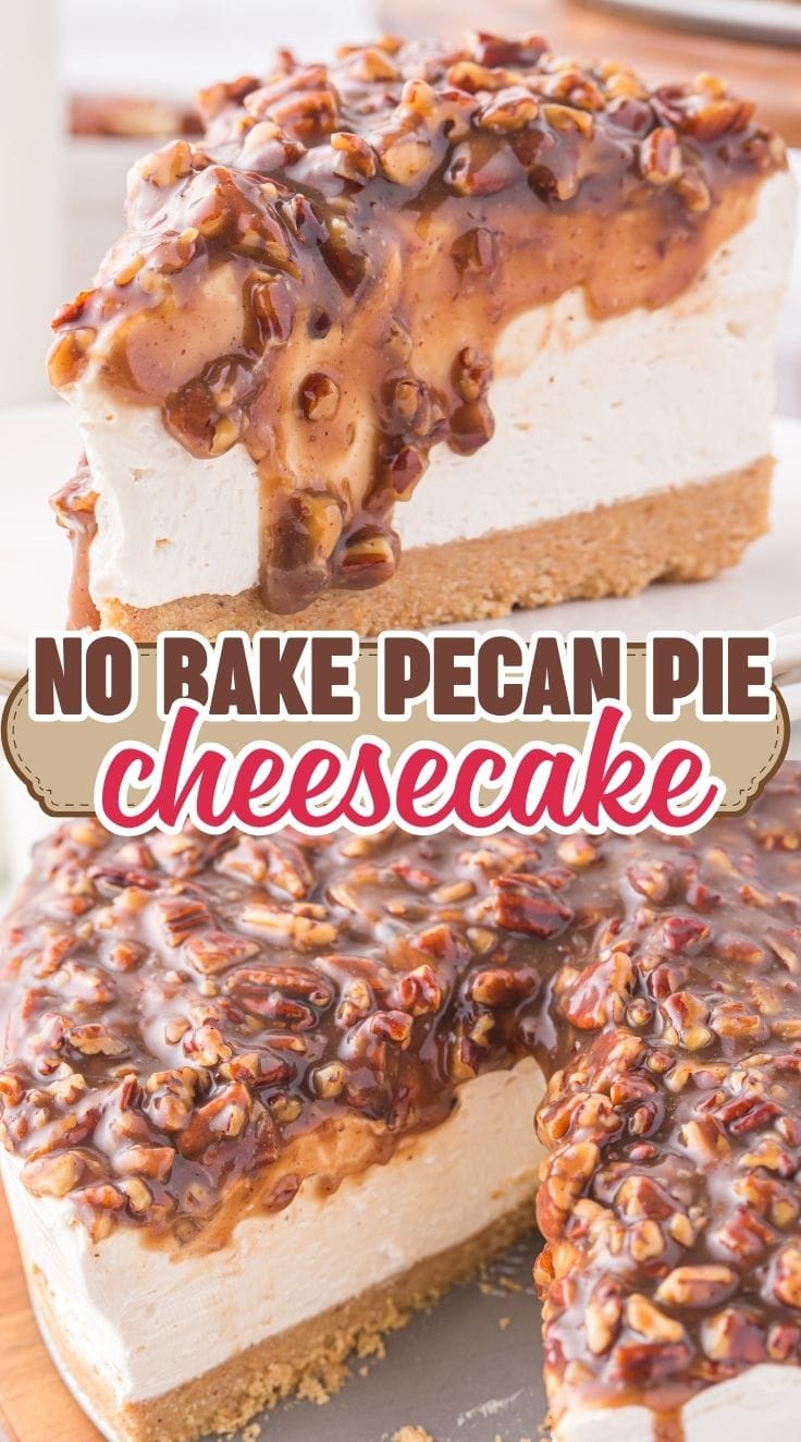 Slice of no bake pecan pie cheesecake with creamy filling and glossy pecan topping on a dessert plate
