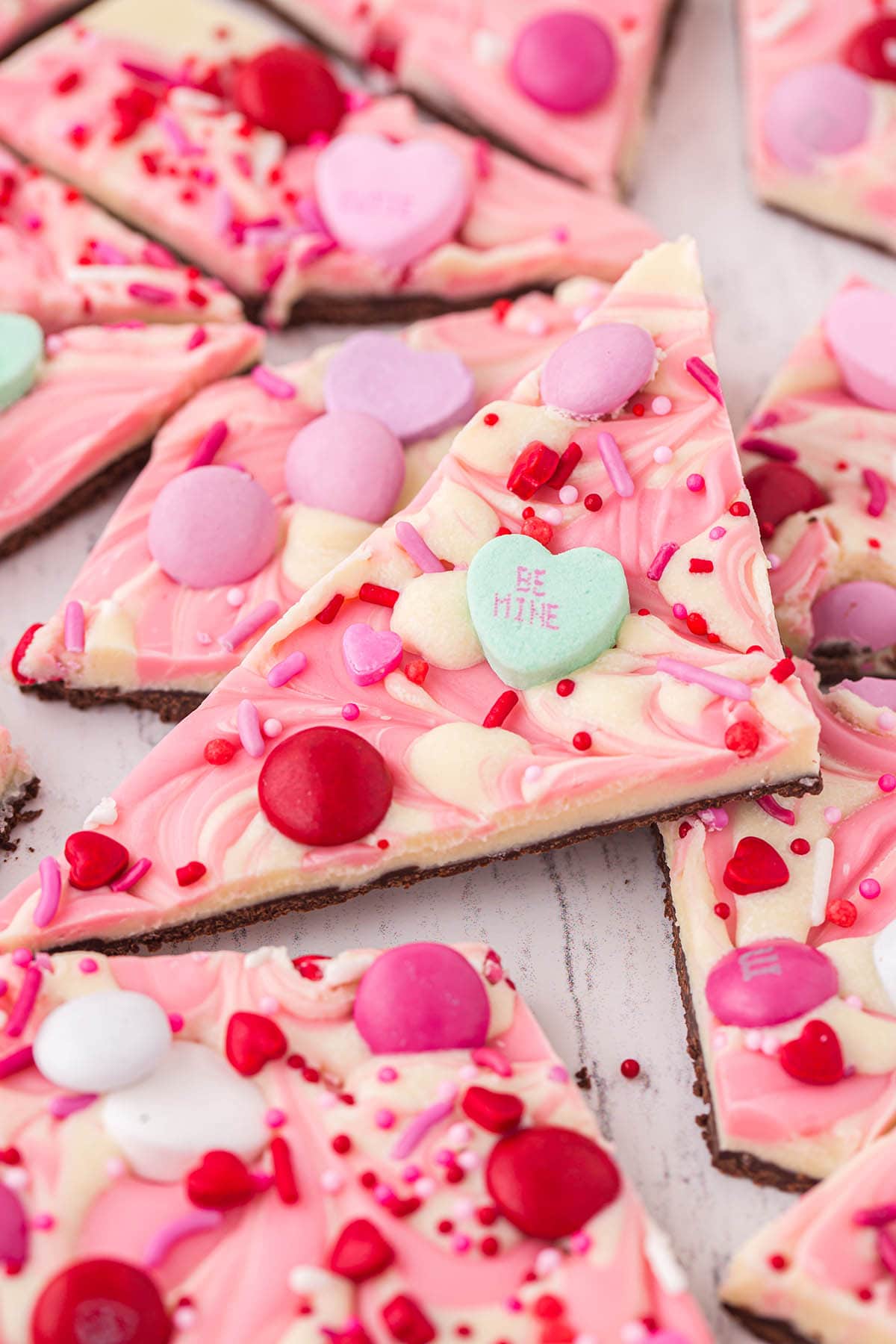 Valentines Day Bark with sprinkles and cut into pieces