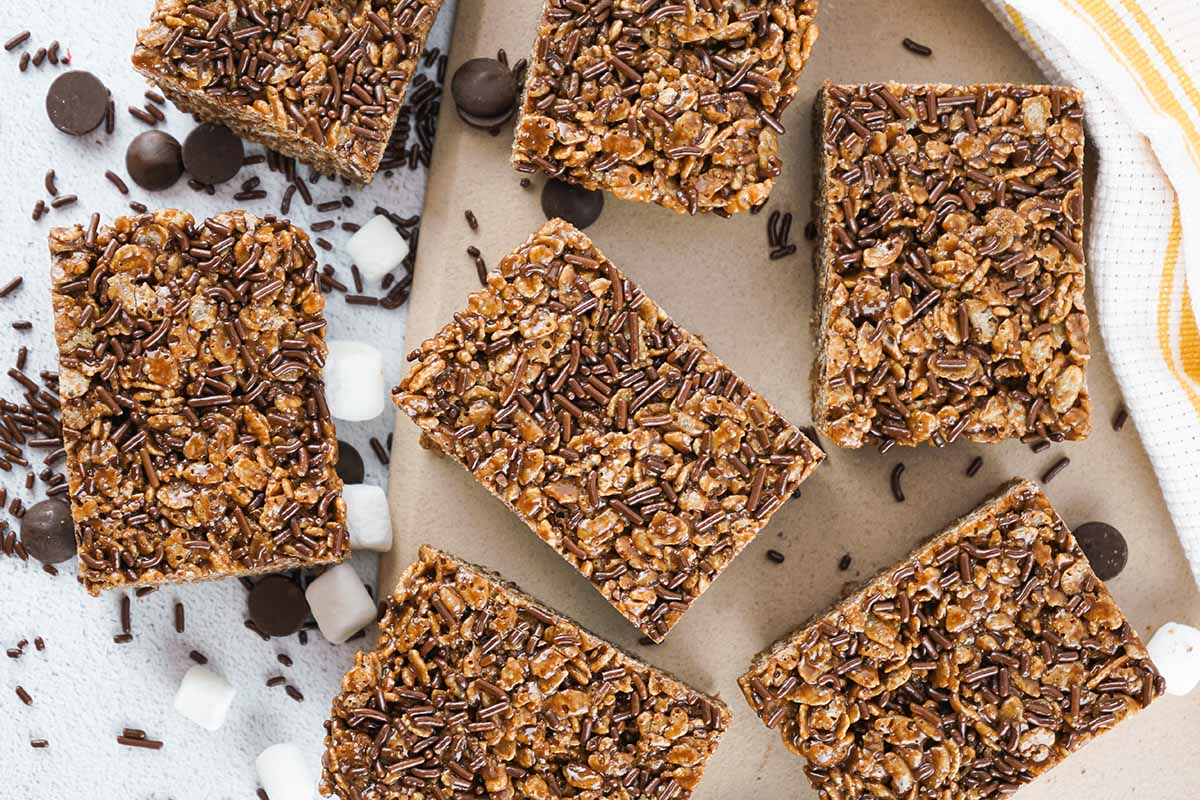 top shot of Chocolate Rice Krispie Treats cut into squares