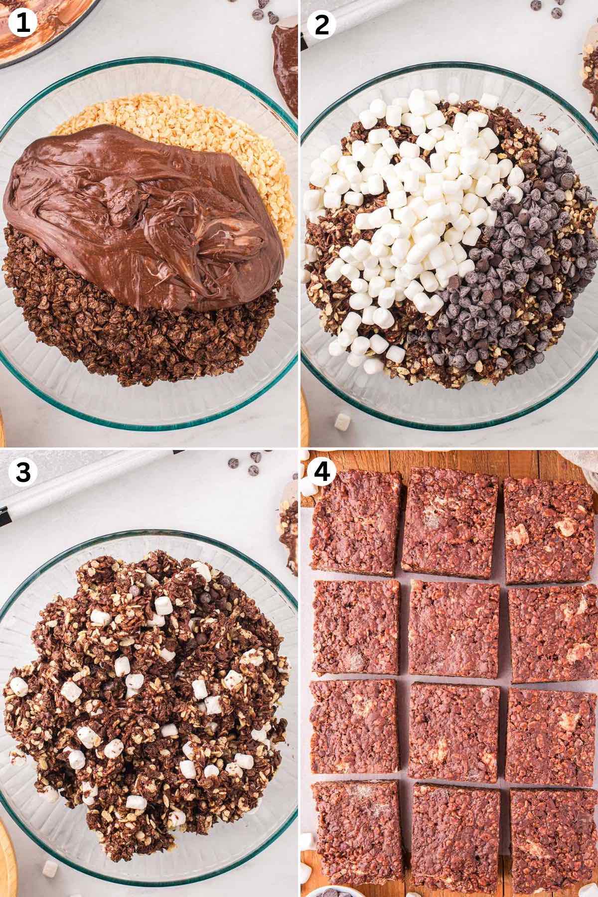 mix ingredients in a bowl. chocolate rice krispie treats cut into squares.