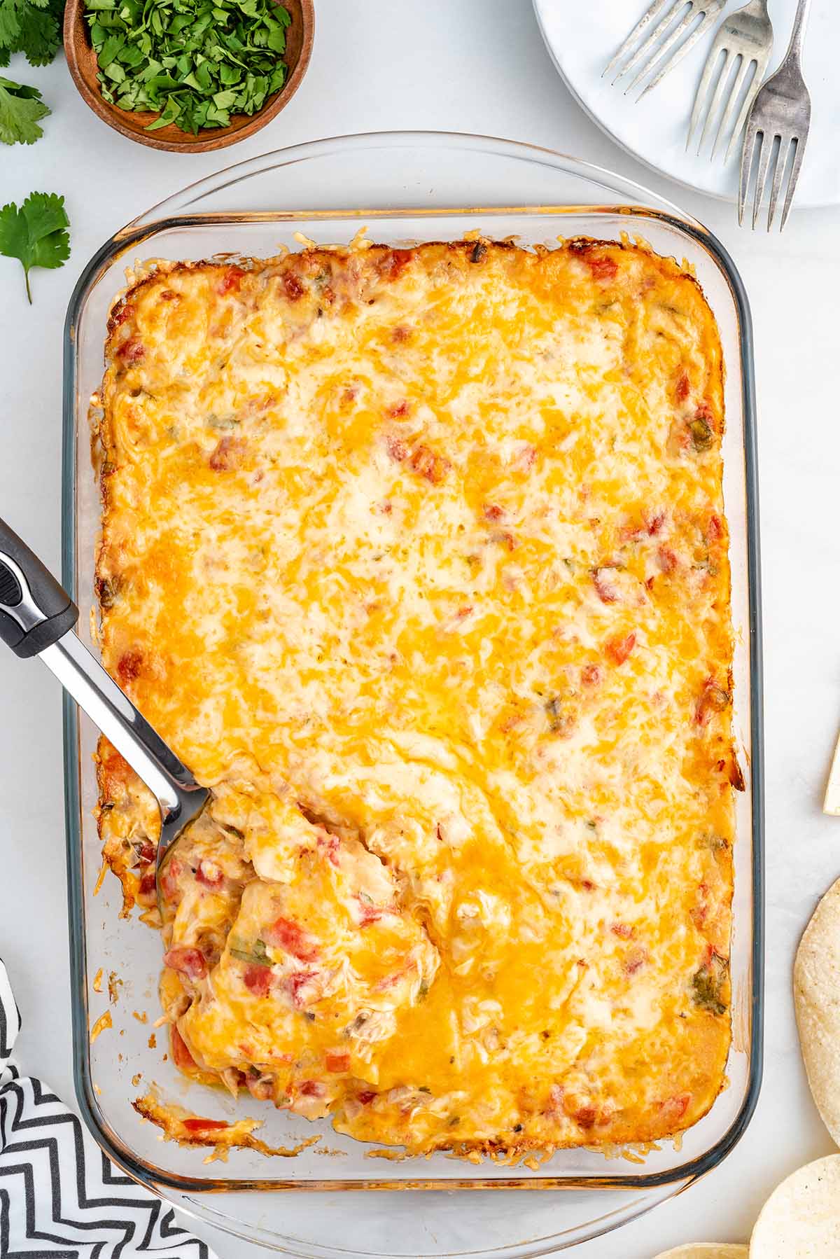 top shot of King Ranch Chicken Casserole on a baking dish