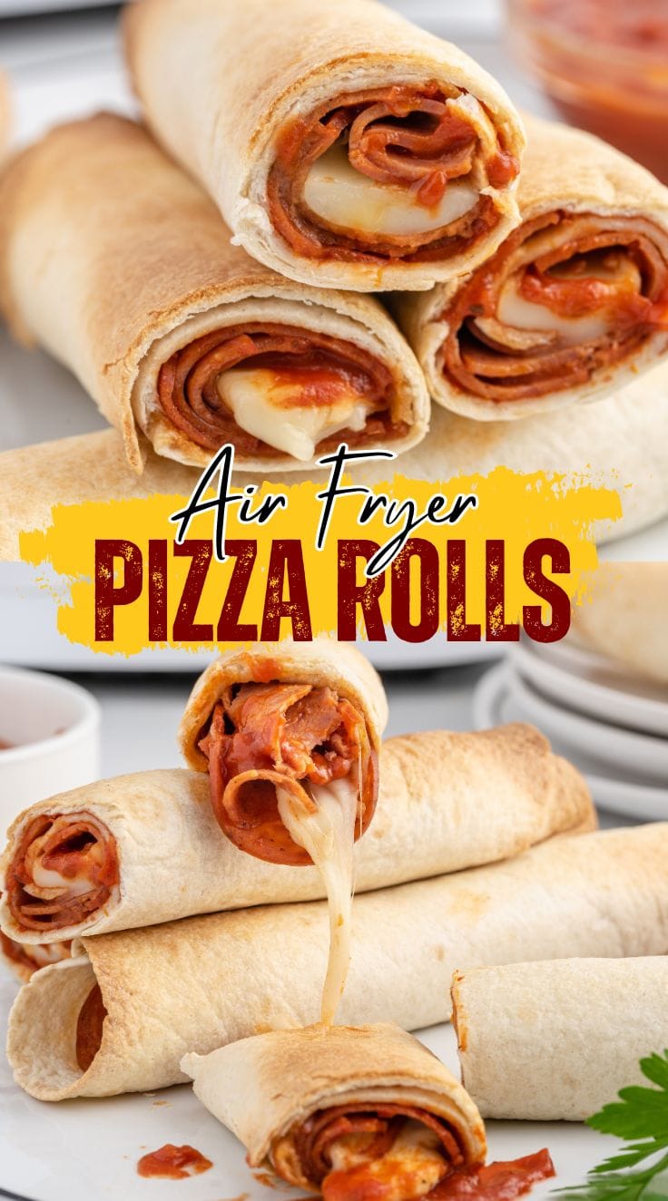 Air Fryer Pizza Rolls with melted, stretched cheese coming out of it.