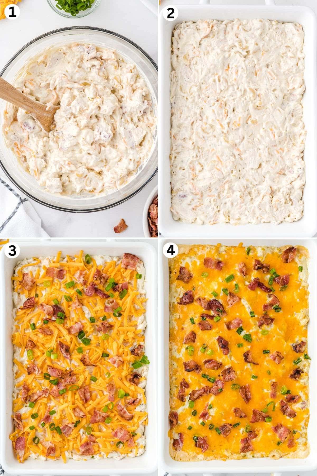 Crack Chicken Casserole from mixing the creamy chicken and pasta mixture to baking until golden with melted cheese, bacon, and green onions.