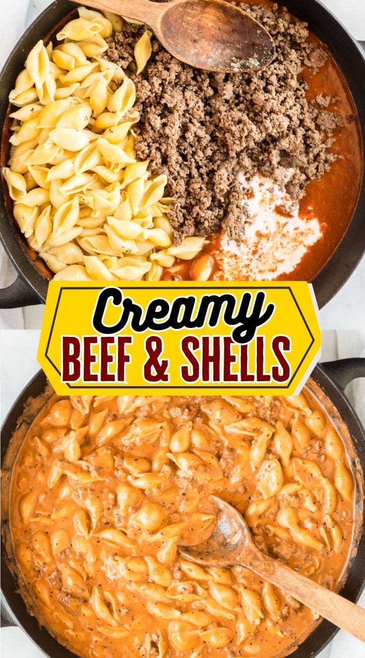 A wooden spoon stirring Creamy Beef and Shells in a skillet