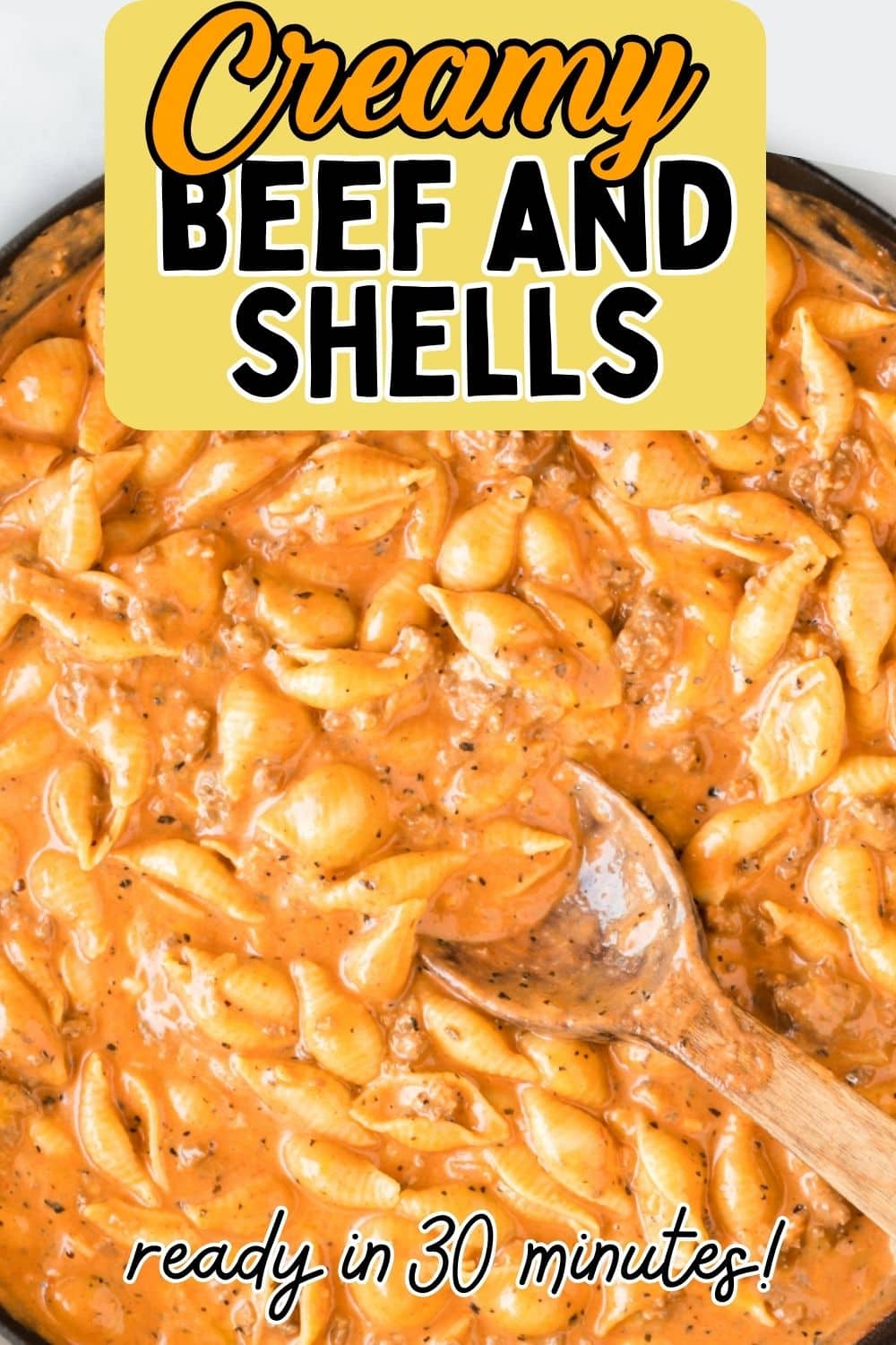 Close up of Creamy Beef and Shells in a skillet