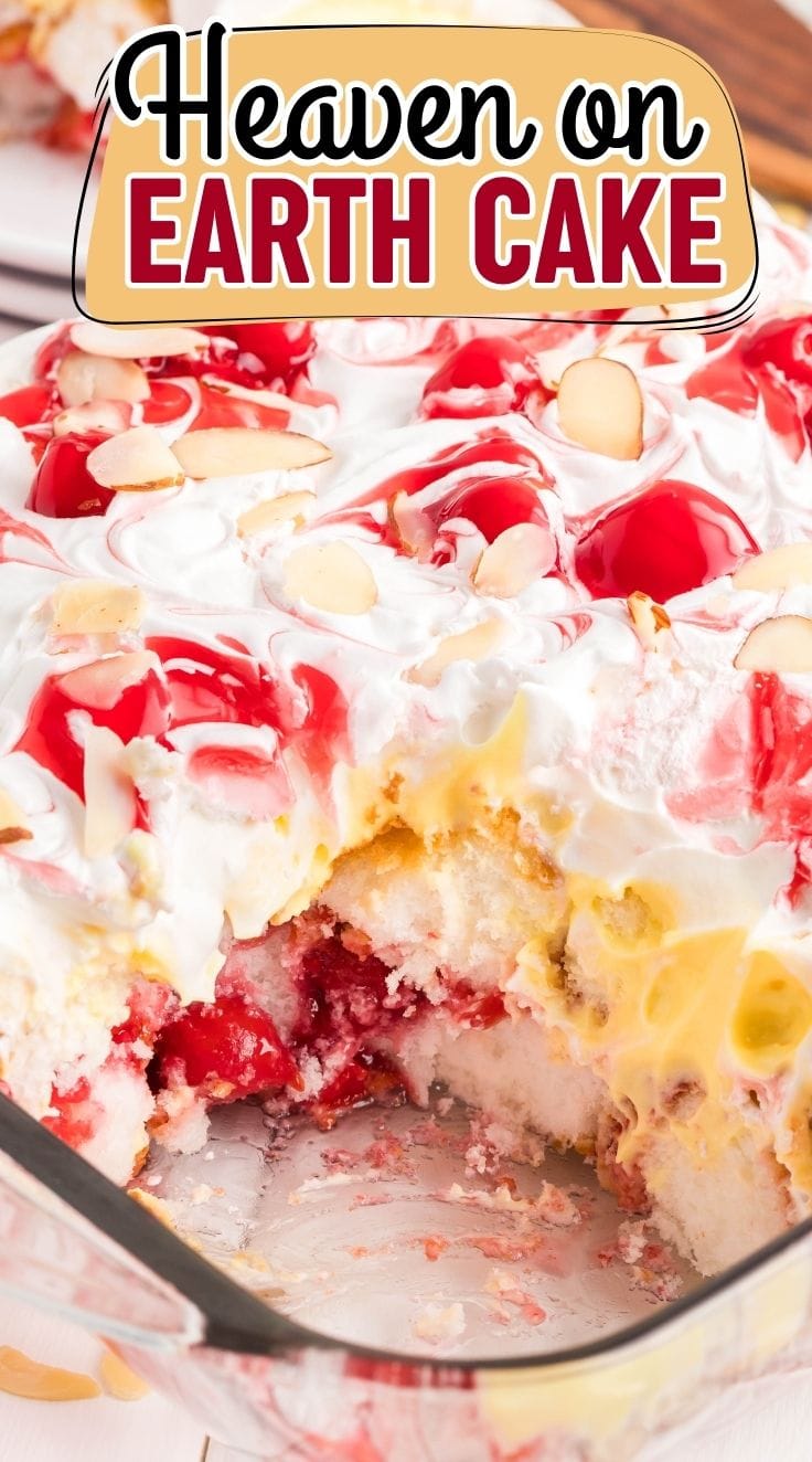 Heaven on Earth Cake in a glass baking dish.