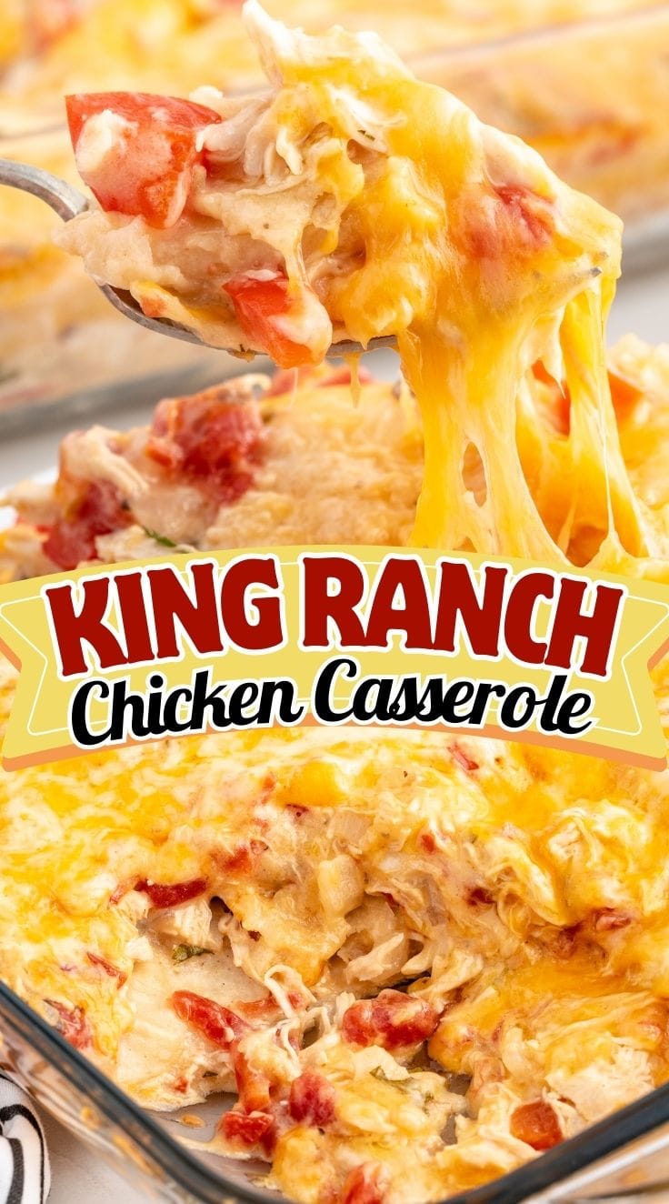 Close up of King Ranch chicken casserole with melted cheese in baking dish