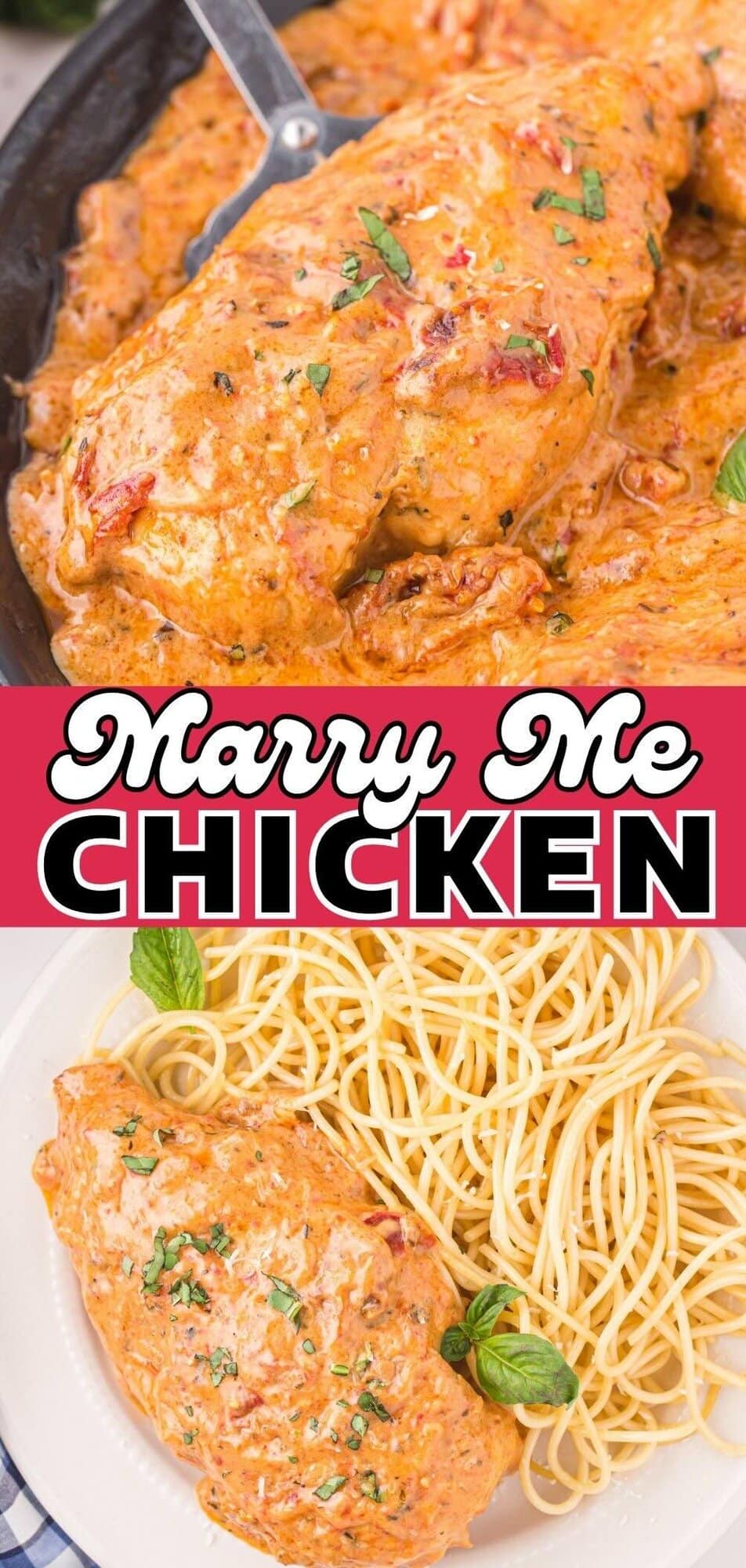 Creamy marry me chicken served with spaghetti on a white plate.