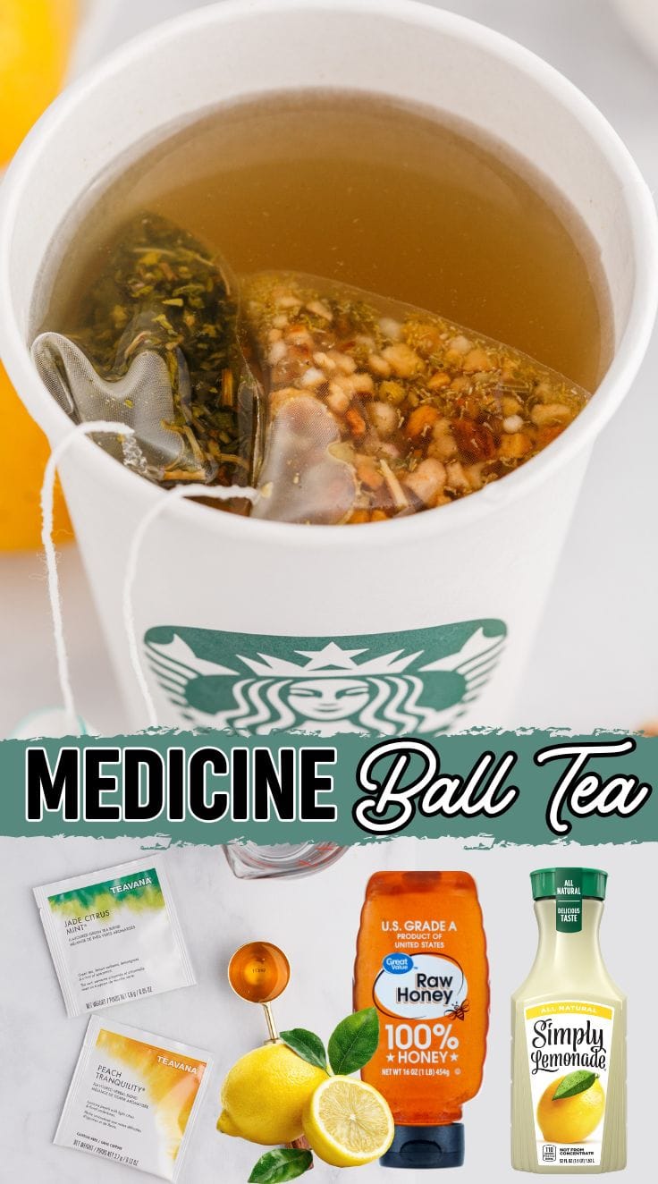 Homemade medicine ball tea inspired by Starbucks, served hot in a Starbucks disposable cup.