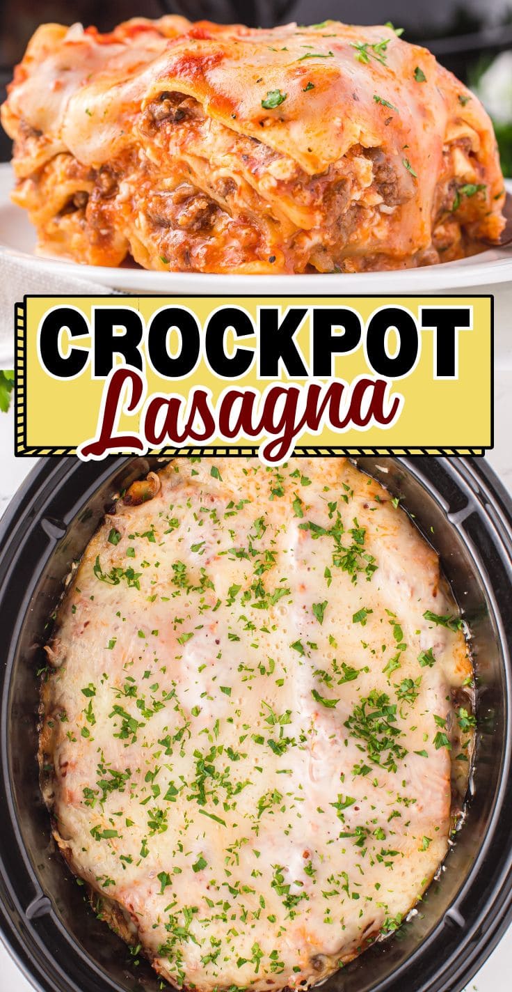 Top view of Crockpot Lasagna with melted cheese in a crockpot