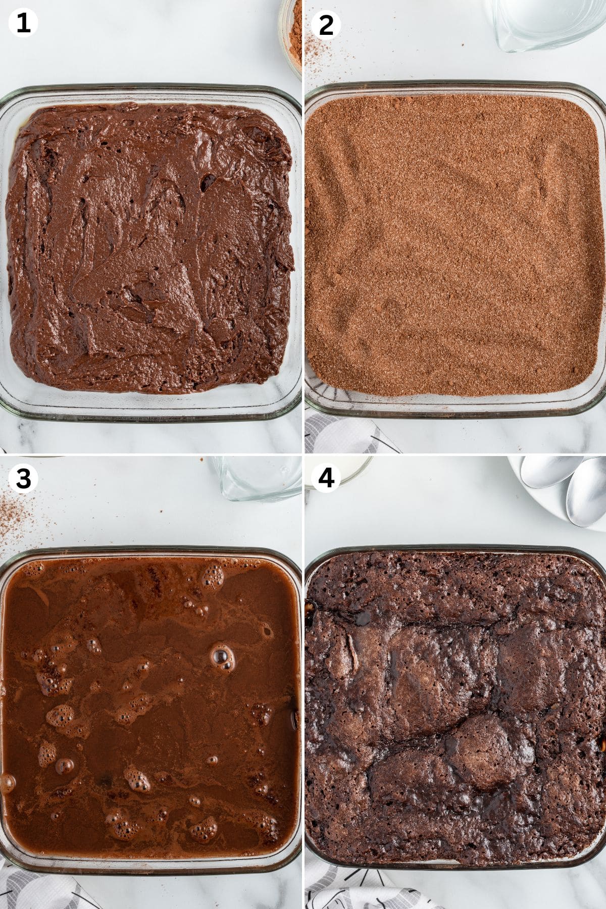 Chocolate cake batter spread in a glass baking dish. Cocoa and sugar mixture sprinkled over the batter. Boiling water poured over the dry ingredients without stirring. Finished baked pudding cake with a rich, gooey texture.