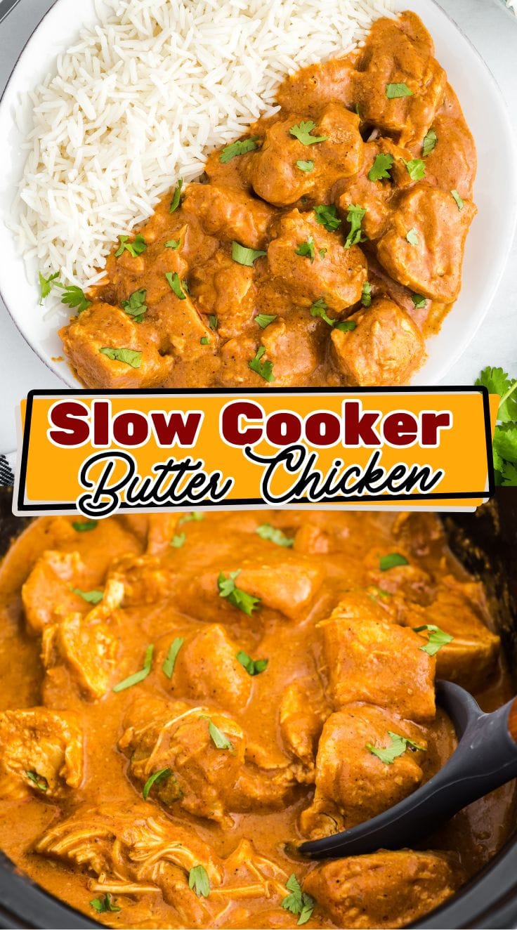 Rich Slow Cooker Butter Chicken served with rice on a plate