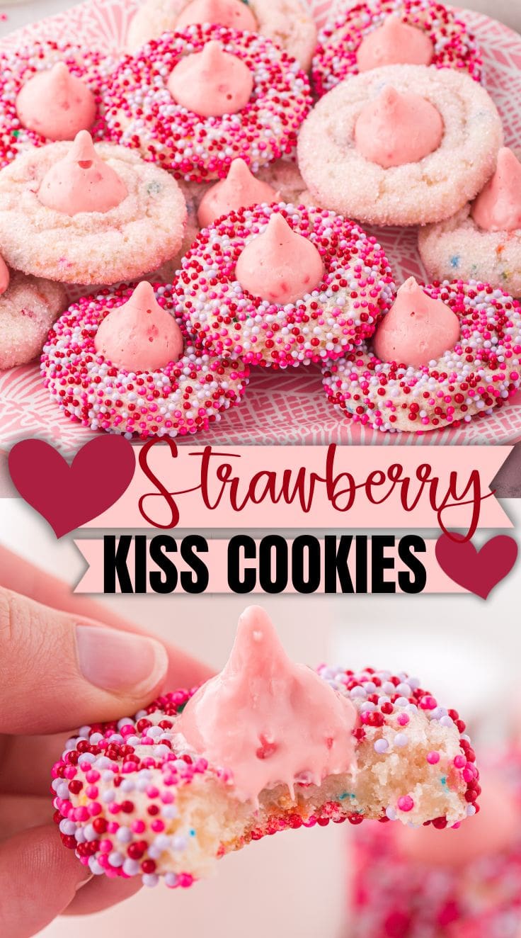 Strawberry kiss cookies with a chocolate kiss pressed into the center, pink cookies arranged on a plate for Valentine&rsquo;s Day baking.