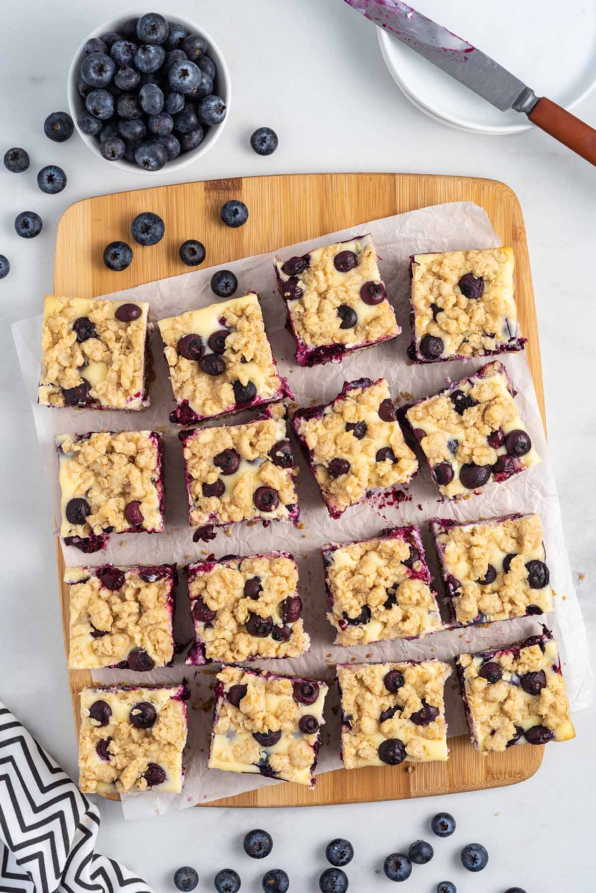 Blueberry Cheesecake Bars cut into squares